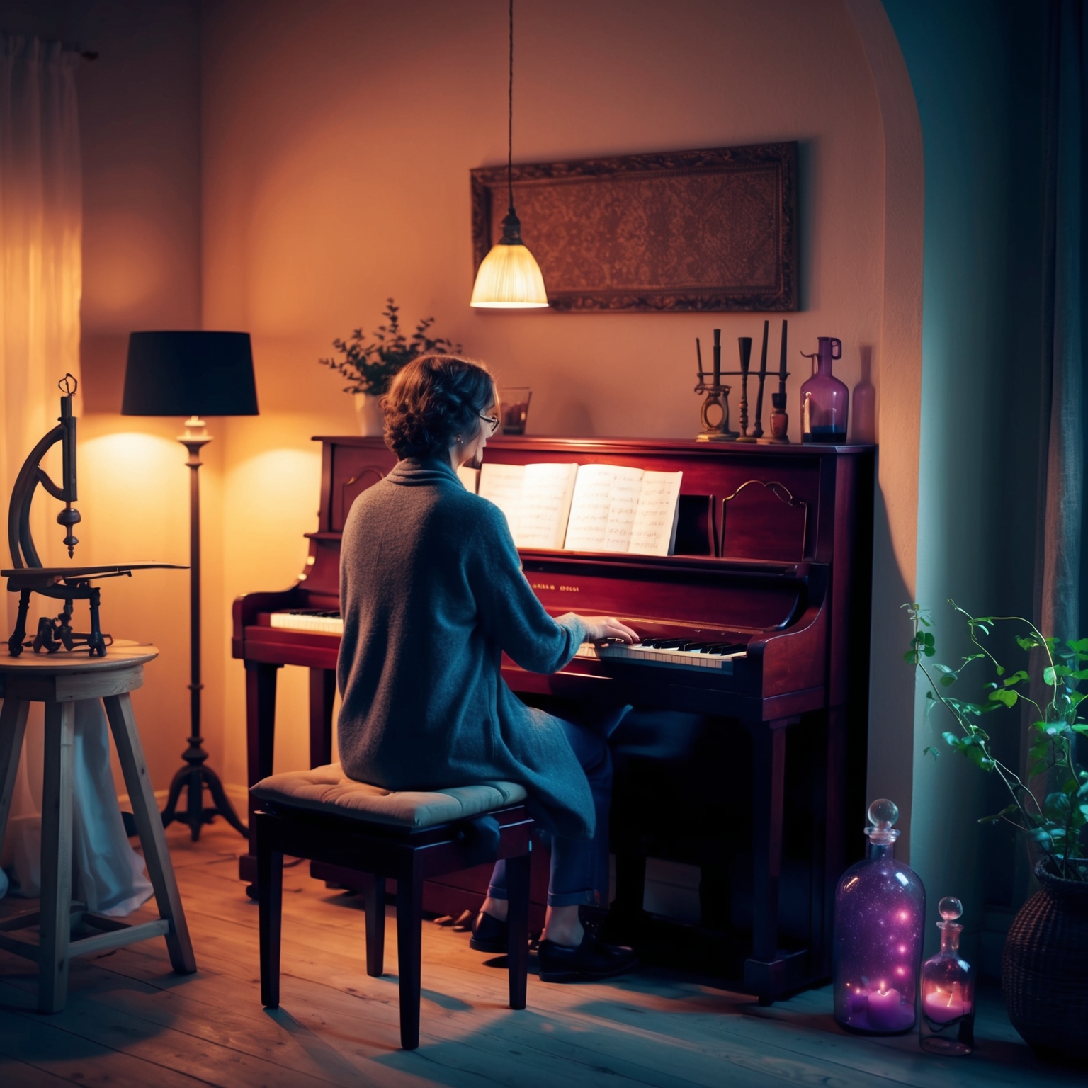 A cozy, intimate setting with a person playing a piano, gentle lighting, depicting a scene filled with warmth and sincerity. Include subtle imagery of dreams like a sculptor