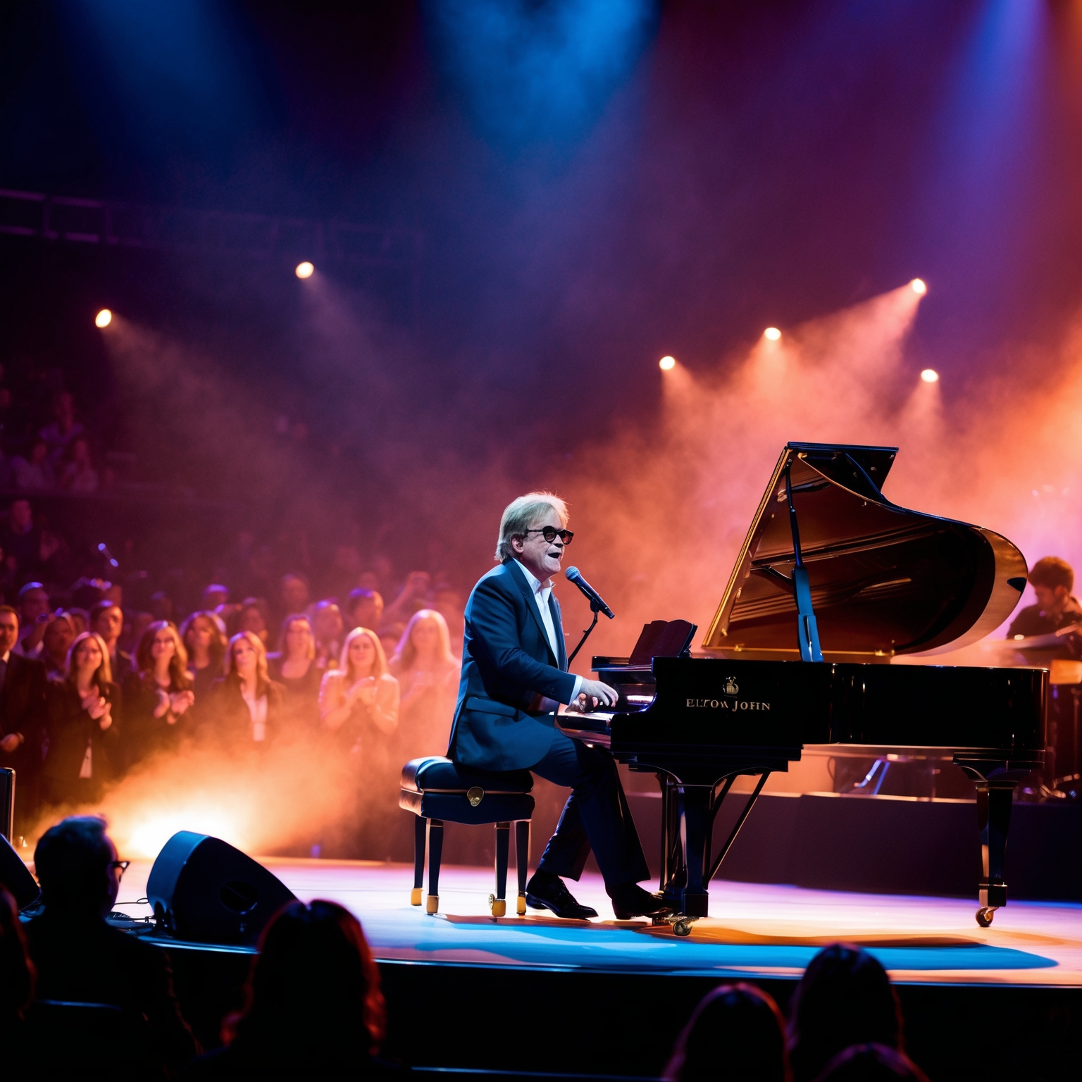 Generate an image that illustrates a live performance of Elton John in a grand concert setting. Visualize an emotive atmosphere with a spotlight on Elton John playing the piano, eliciting a sense of nostalgia and connection with the audience. The background should feature adoring fans and subtle, warm lighting to reflect the heartfelt mood of 