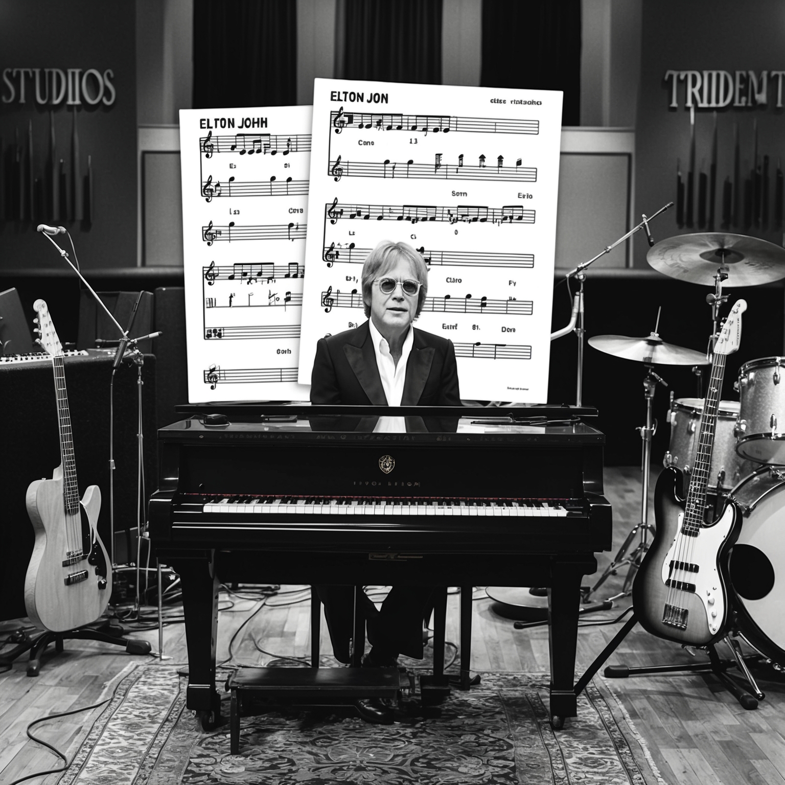 Create an image depicting the early 1970s recording studio environment with Elton John at the piano, surrounded by musical instruments like guitar, bass, and drums. Include sheet music annotated with simple chord progressions in E-flat major, set against a backdrop of Trident Studios. The scene should capture the essence of a creative and spontaneous atmosphere, reflecting the era