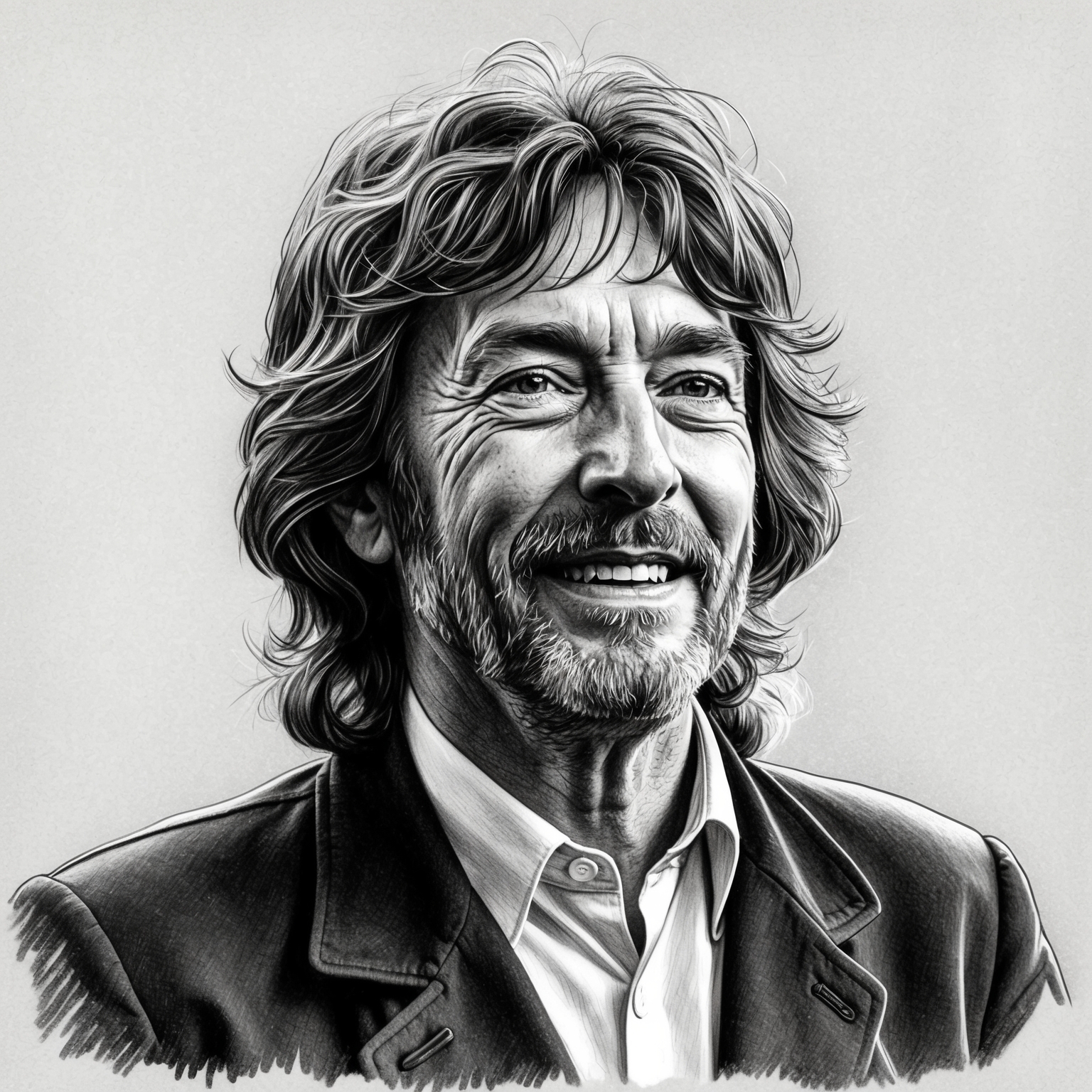 Create a charcoal, stylistic drawing of Eric Clapton, capturing him in a half-finished, black and white portrait, focusing on his expressive features and capturing the iconic essence of the artist.