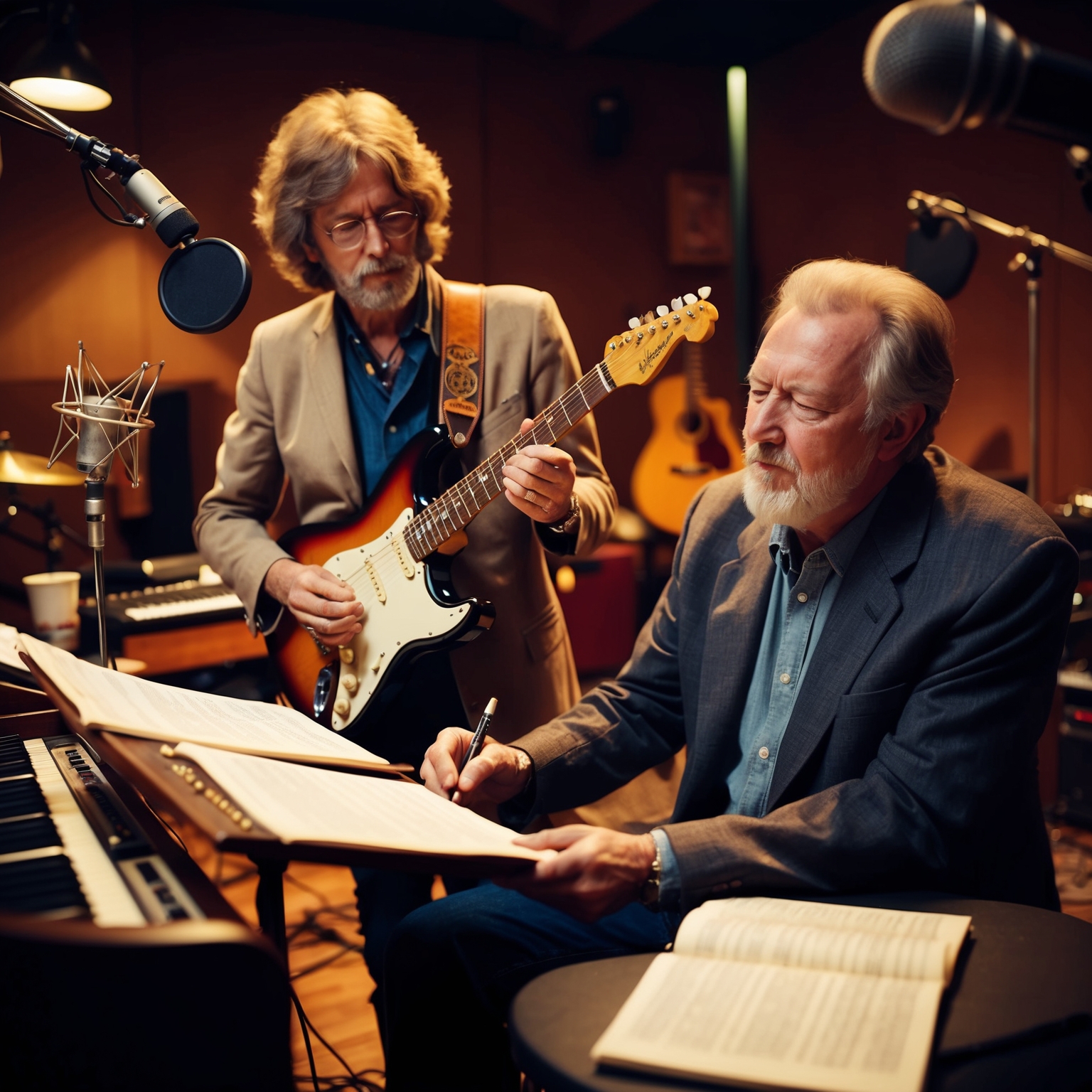 A portrait of Eric Clapton and Will Jennings collaborating in a recording studio. Clapton with his iconic Fender Stratocaster guitar, focusing intently on the music sheets. Jennings, with a thoughtful expression, sits nearby with a notepad. The studio is filled with musical instruments, microphones, and a sense of deep concentration and creativity. Lighting is warm and inviting, contributing to the ambiance of musical genius in the making.