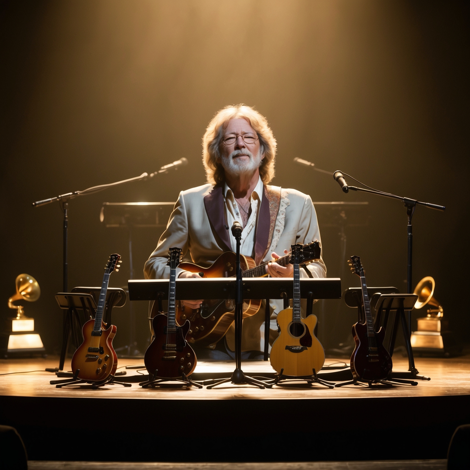 A serene and emotive stage setting reflecting Eric Clapton performing 