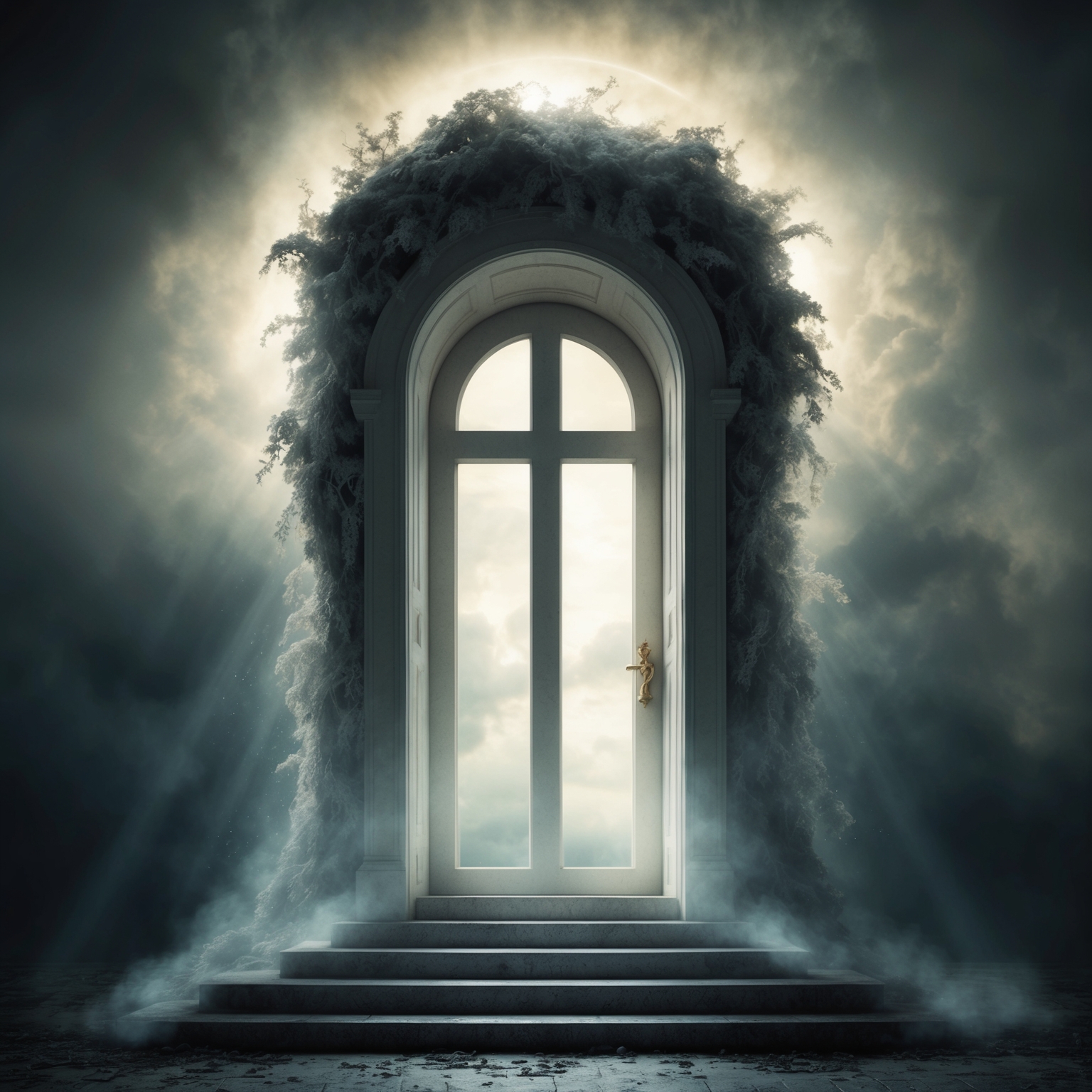 A somber, yet serene depiction of a heavenly doorway surrounded by ethereal light, symbolizing peace and the afterlife. The scene captures a feeling of melancholy and hope, reflecting the emotional themes of the song 