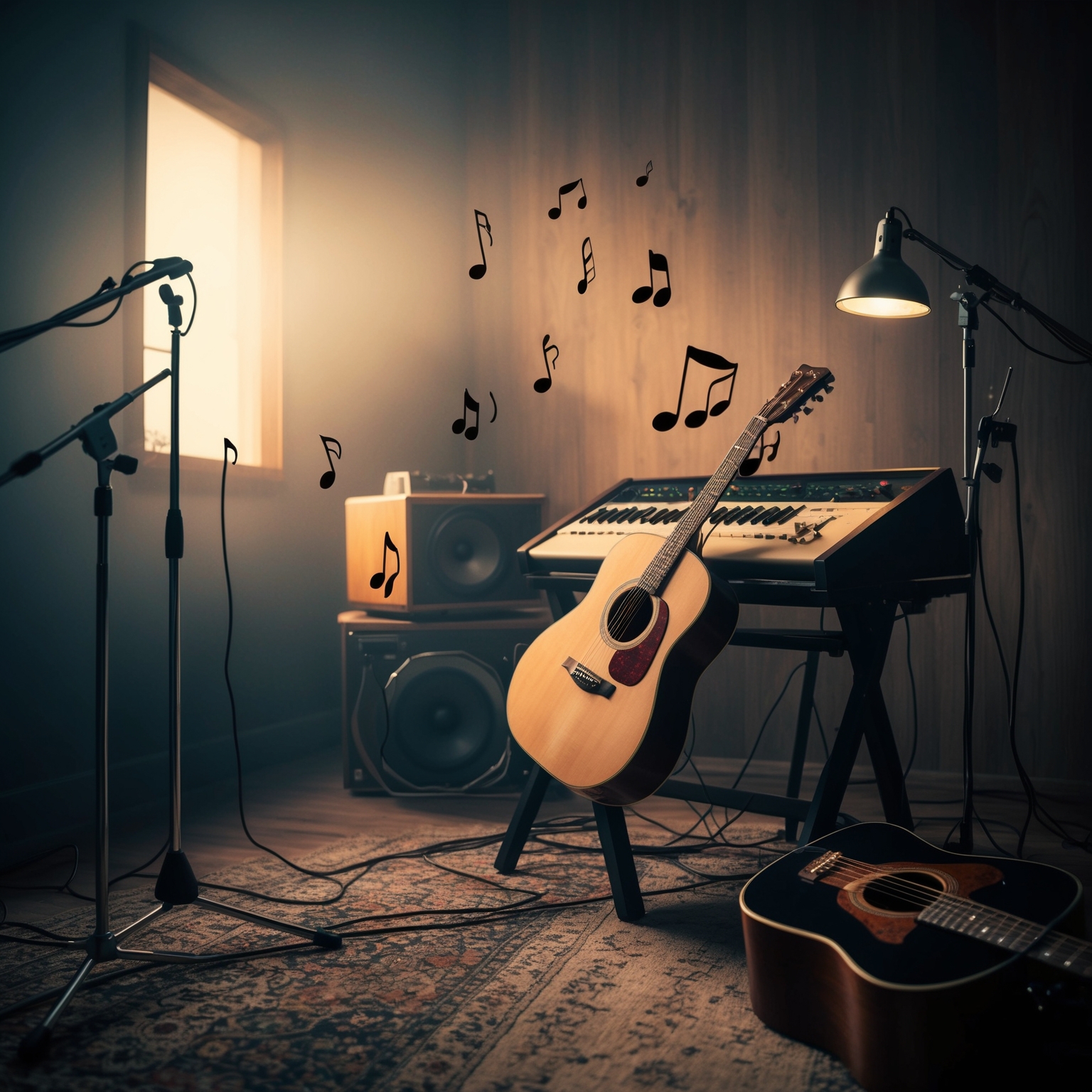 Illustrate a serene recording studio scene, dimly lit, nostalgic vibes with acoustic guitar, soft lighting highlighting recording equipment, musical notes floating in the air, capturing the intimate essence of creating a heartfelt ballad, inspired by 