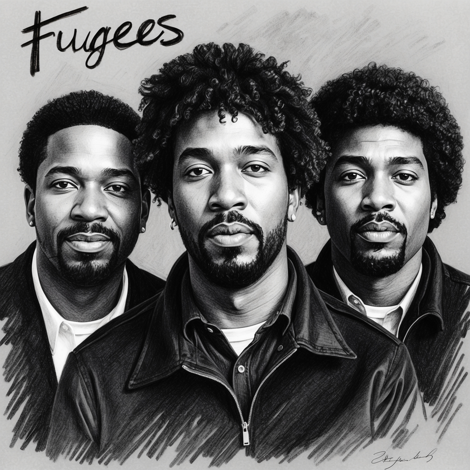 A black and white charcoal, stylistic drawing of the Fugees band members. Half finished feel, capturing the essence of the trio in a timeless portrait.