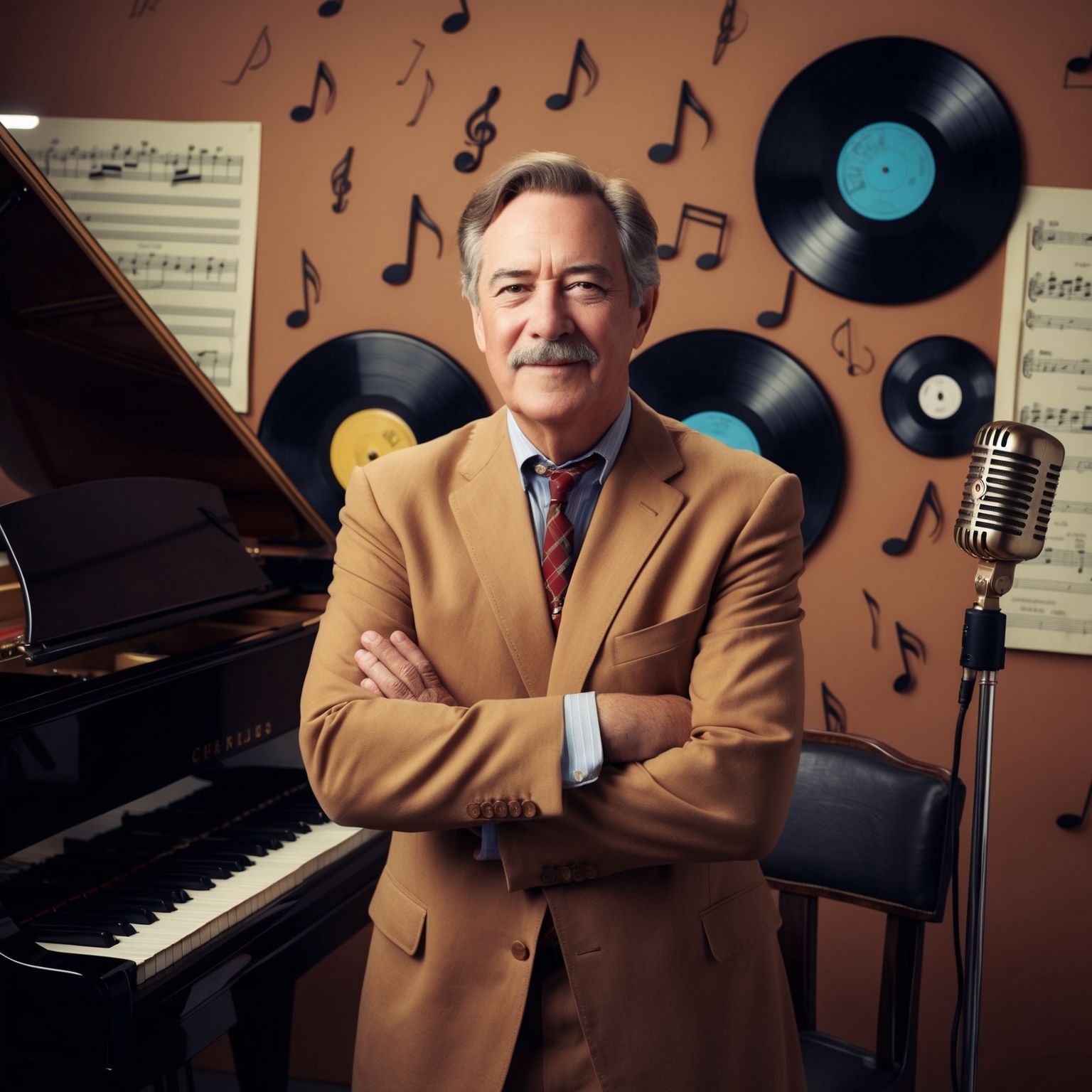 Create an image that showcases Charles Fox in a studio setting, surrounded by musical notes, pianos, and sheet music. Use a warm color palette and include elements like classic vinyl records or a vintage microphone to evoke the timelessness of his work. The composition should reflect a sense of musical genius and nostalgia, with subtle lighting that highlights Fox