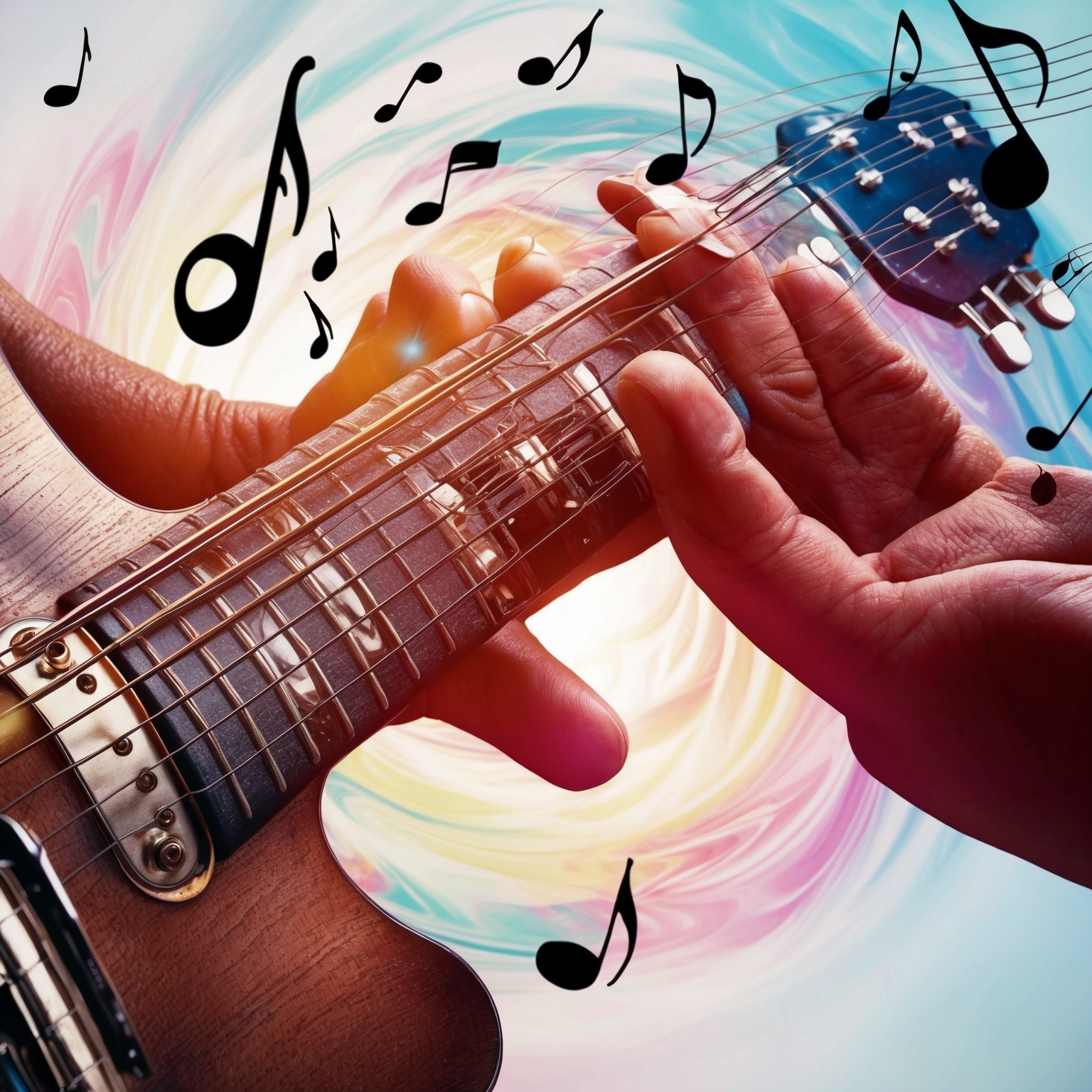 Close-up illustration of fingers strumming guitar strings with a backdrop of swirling, emotive colors. The image should convey a deep emotional resonance, reflecting both pain and beauty intertwined, with musical notes floating around to symbolize the song