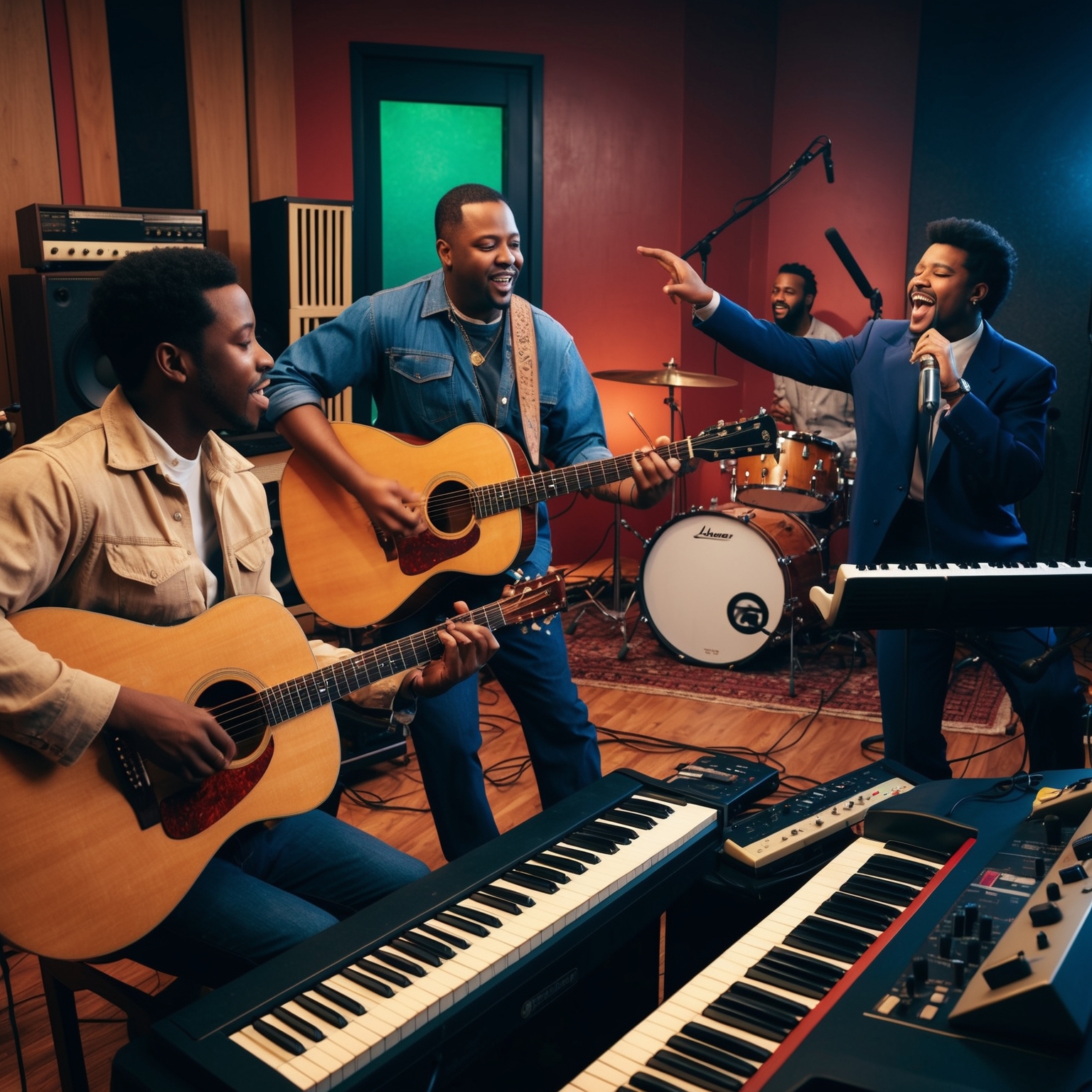 A depiction of a recording studio from the 1990s with musicians playing acoustic instruments such as a guitar, keyboard, and a drum set. The scene captures the essence of an R&B and hip-hop fusion song production, focusing on an intimate and soulful atmosphere. Include vintage recording equipment and a vocalist passionately delivering a performance.