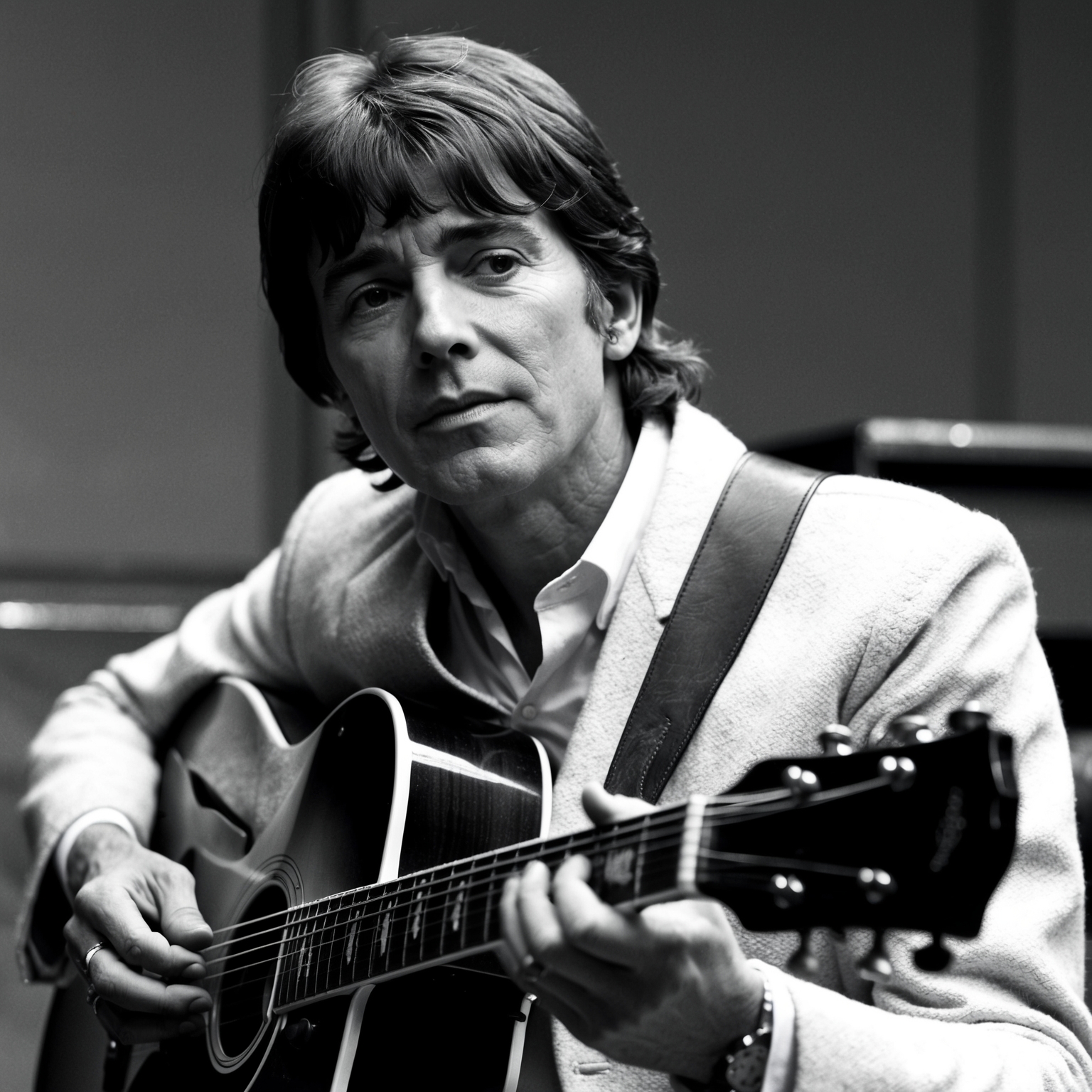 A monochrome portrait of George Harrison playing guitar, capturing his thoughtful expression and iconic style. The setting should be retro, evoking the 1960s era. It