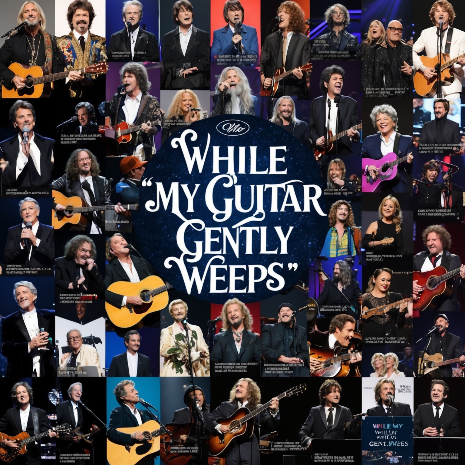 A collage featuring iconic moments of artists covering "While My Guitar Gently Weeps" with a backdrop of awards, stage performances, and highlights from media appearances, showcasing its enduring legacy and influence in modern music and culture.