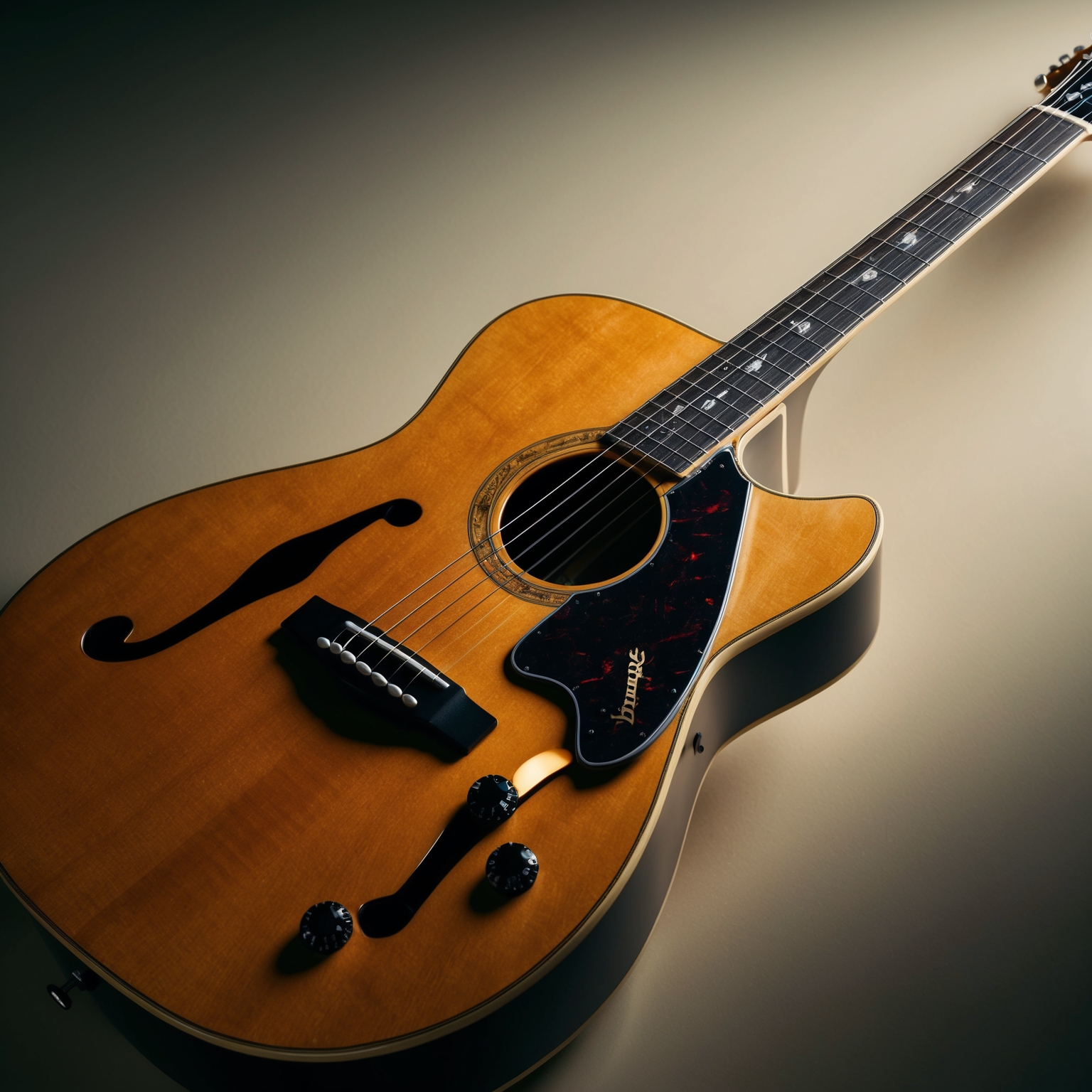 An iconic guitar, captured mid-play with gentle lighting, exemplifying the emotive core of 