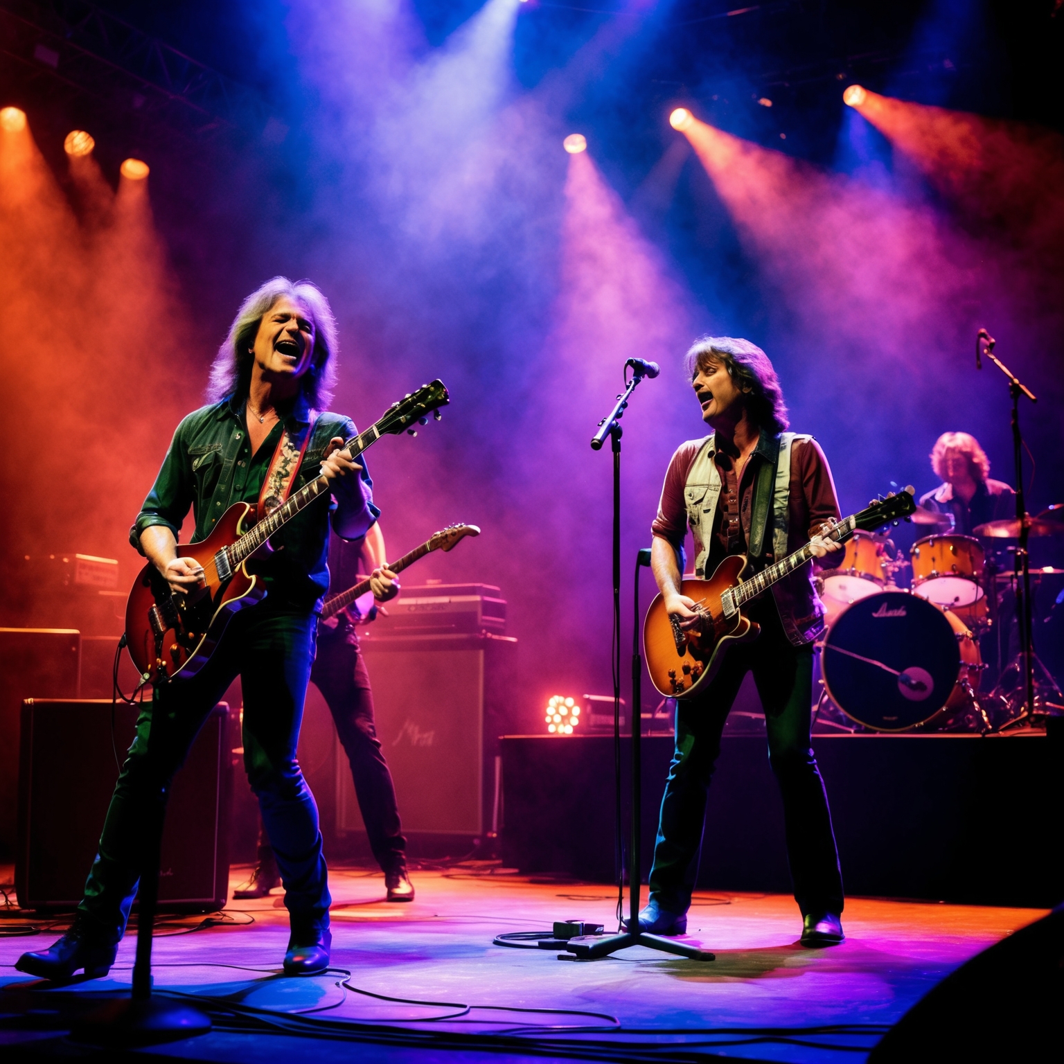 A vibrant and nostalgic concert stage with musicians passionately performing, capturing the essence of a classic rock ballad. Include atmospheric lighting and a focus on a lead guitarist connecting with their instrument, reflecting deep emotional engagement.