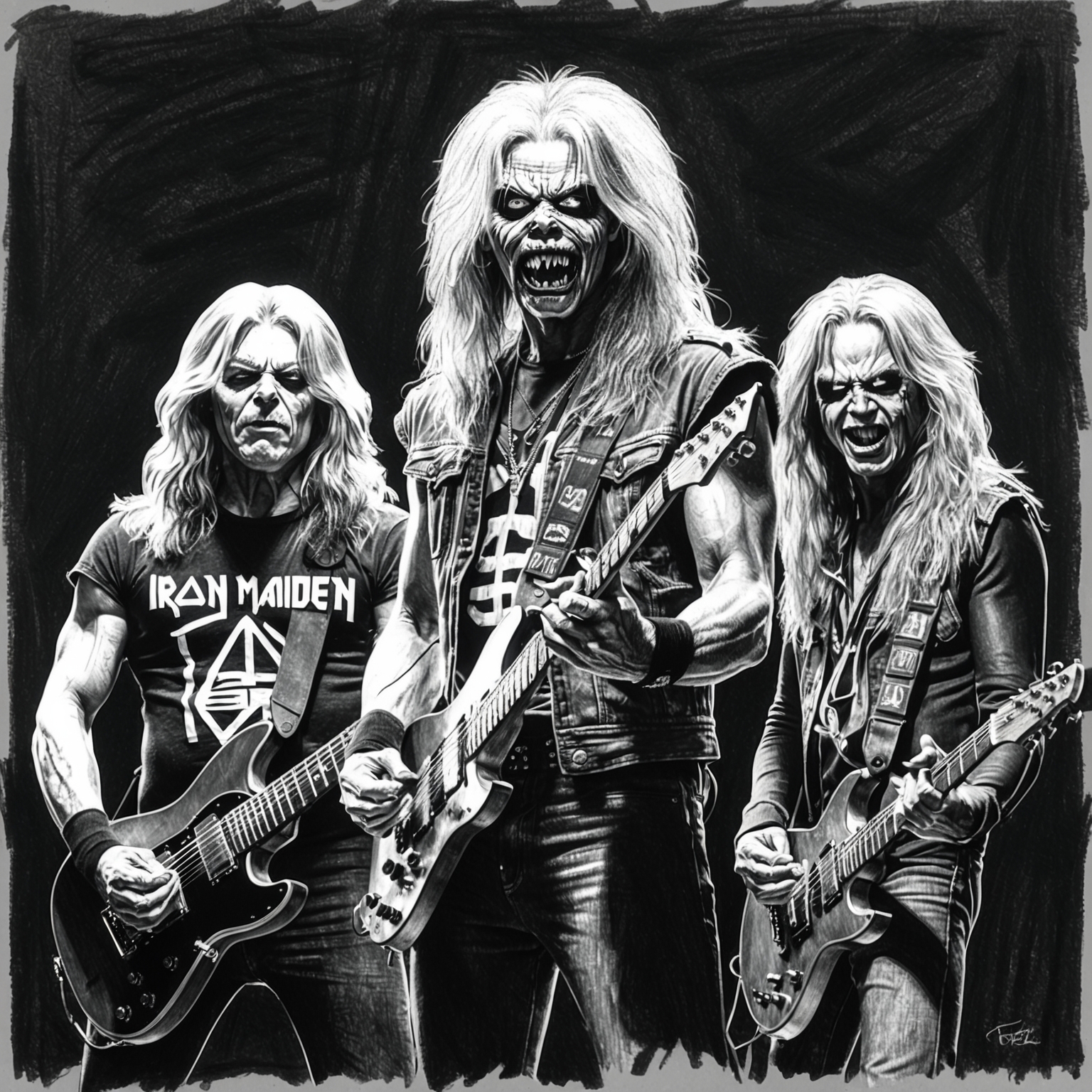 Create a charcoal, stylistic drawing of Iron Maiden, featuring band members. The drawing should be black and white with a half-finished feel, capturing the essence of a legendary heavy metal band.