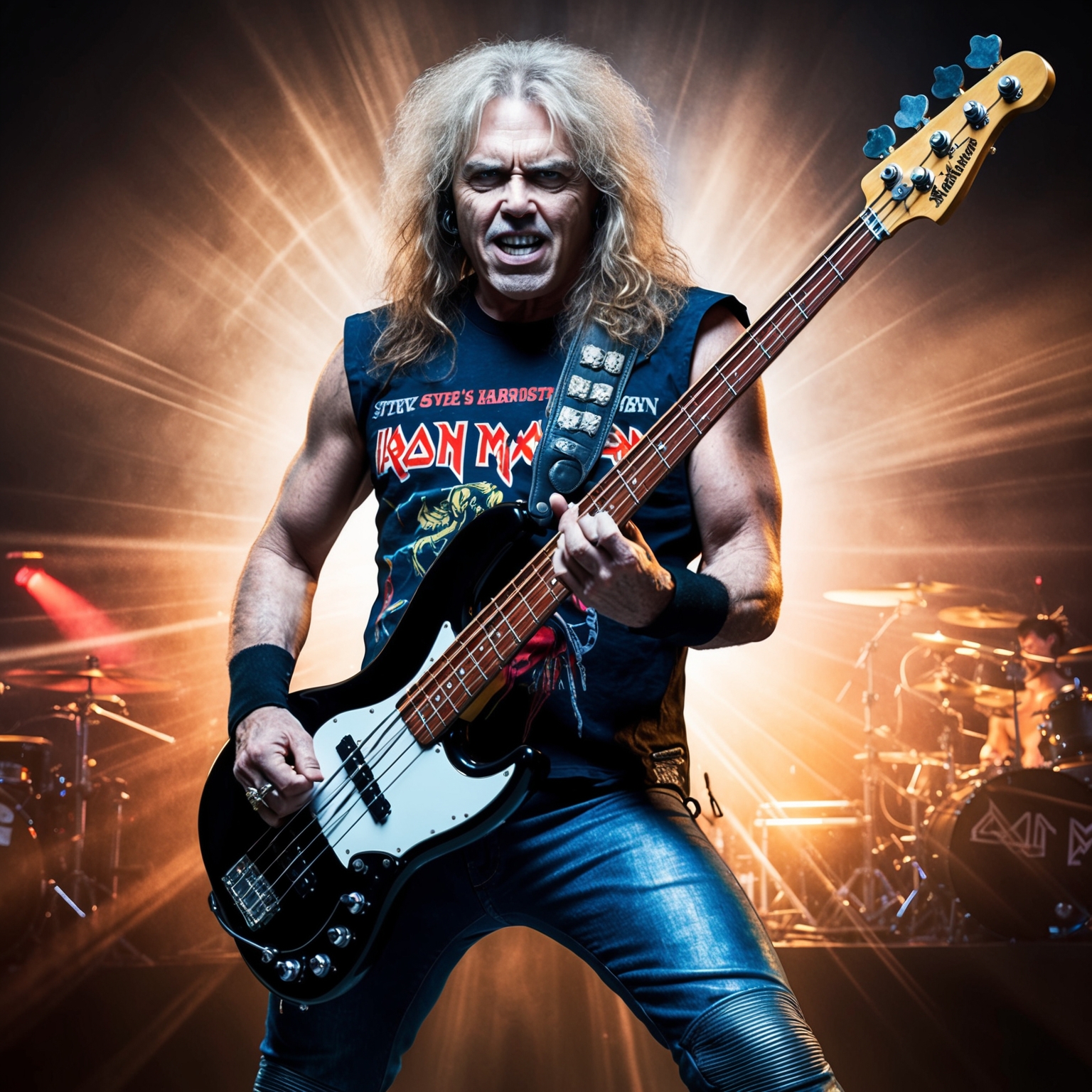 A creative digital portrait of Steve Harris, incorporating elements like bass guitar, heavy metal motifs, and Iron Maiden