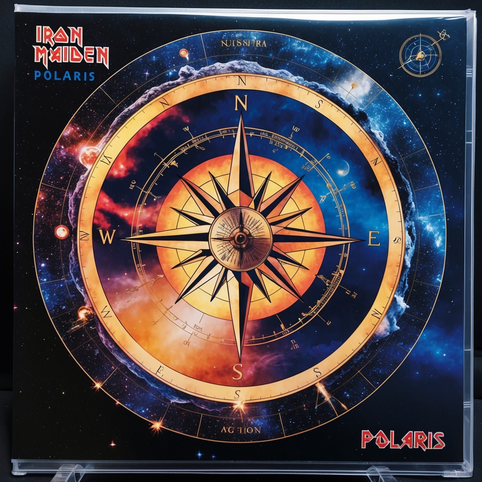 A vinyl album cover featuring abstract celestial navigation symbols and a compass, set against a backdrop of space and stars, evoking the thematic essence of the song 