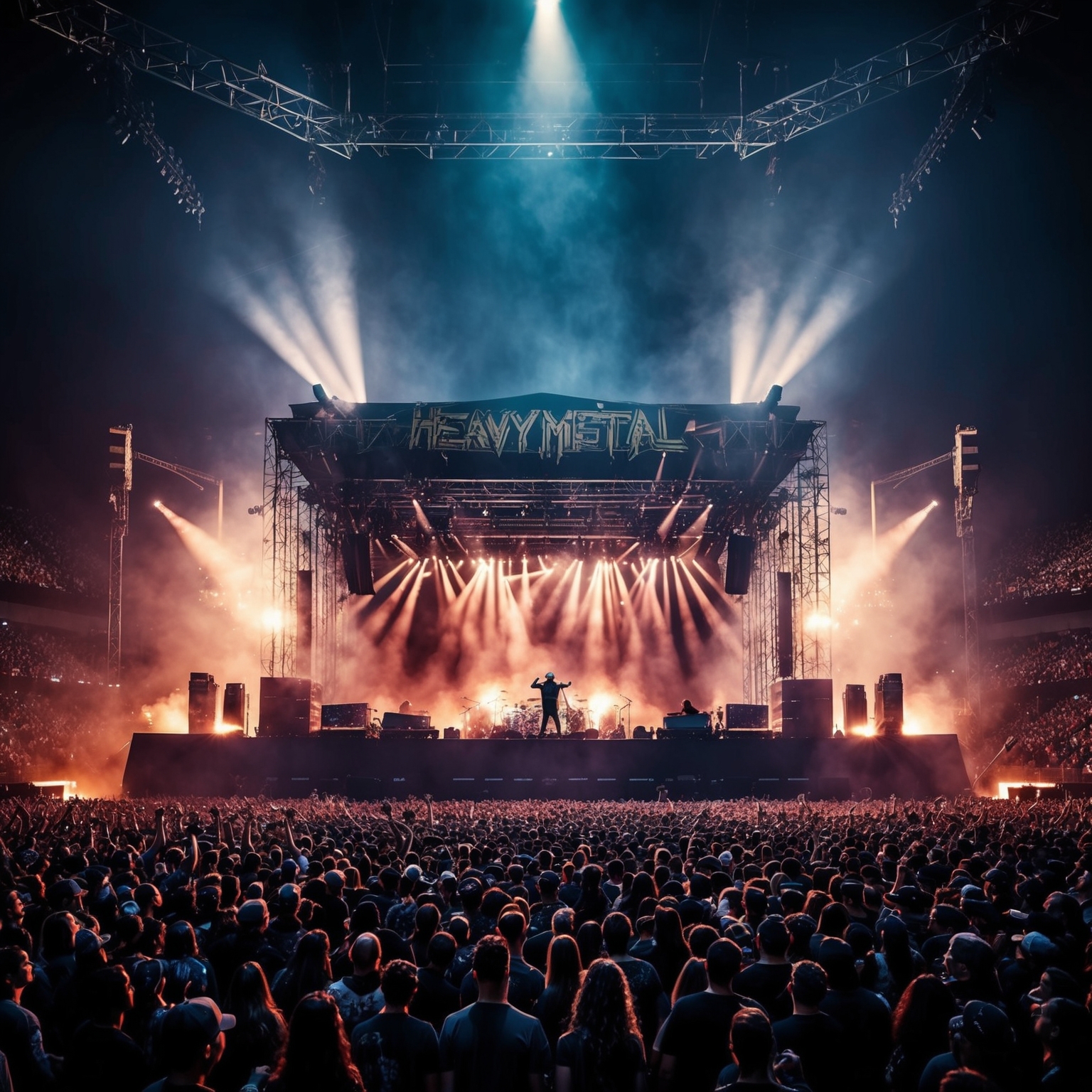 Create an intricate digital artwork capturing the essence of a heavy metal concert scene. Include elements like a dynamic stage with blazing lights, large crowd of fans, and an energetic atmosphere. Minimalistic yet powerful, it should convey the vibrancy and intensity of a live performance for a legendary band.