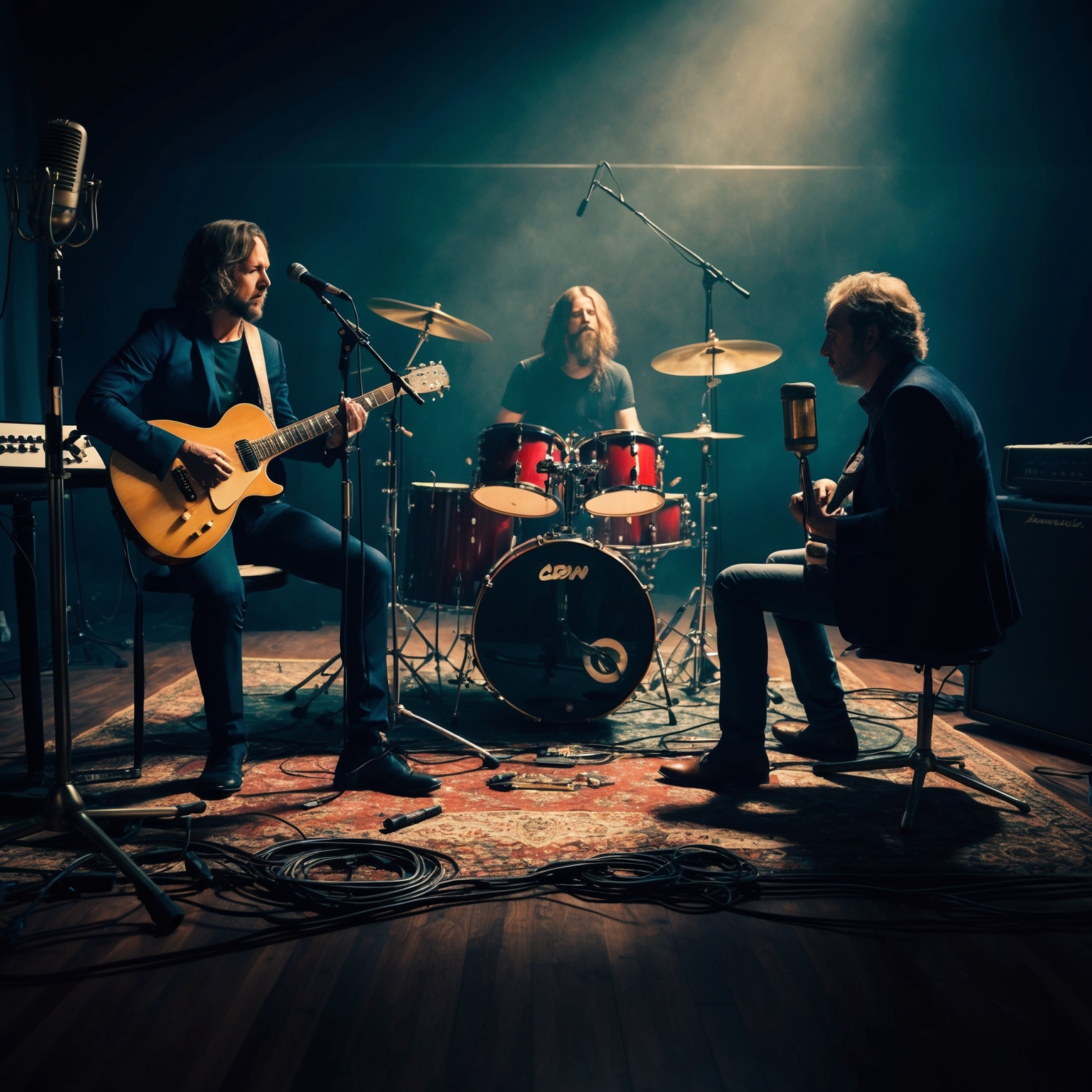 Generate an image that captures the essence of a progressive rock band recording a song in a dimly lit, atmospheric studio. Include elements like dual guitars, a drum set, and a vintage microphone, with musicians deep in concentration, embodying the aura of creativity and collaboration. The scene should reflect a blend of modern and classic rock elements, with an artistic focus on the musicians