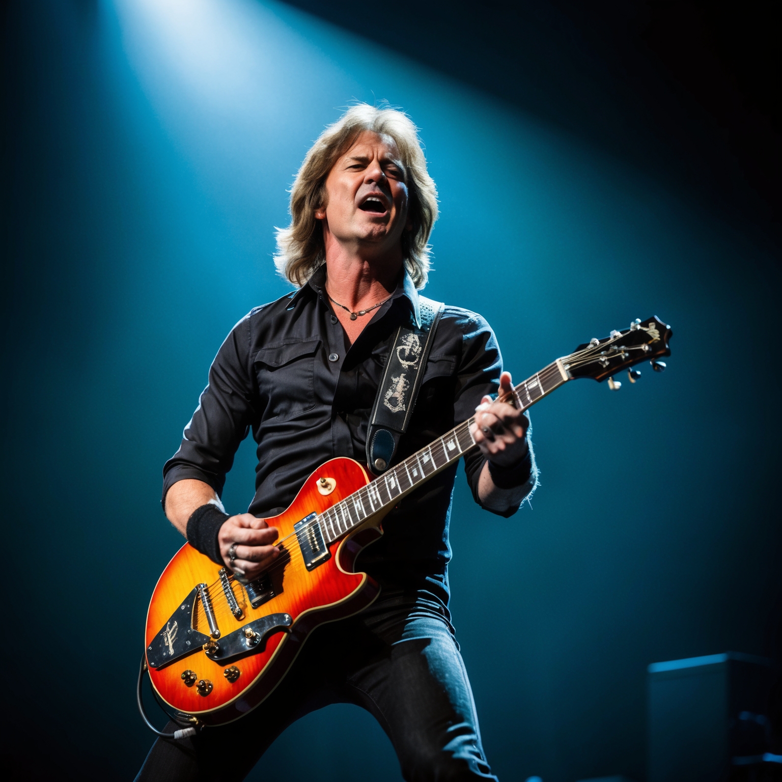 Create an image of a dynamic rock guitarist performing on stage, spotlight highlighting his expression, with electric energy conveying a sense of powerful and passionate play, reminiscent of Jake E. Lee style.