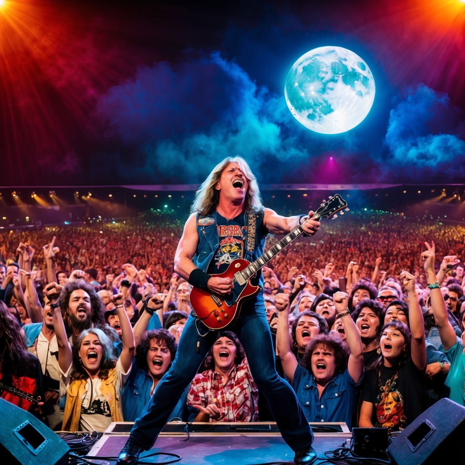 A vibrant illustration capturing a rock concert during the height of the 1980s, featuring a spectral full moon in the backdrop, a charismatic guitarist on stage, and an enthusiastic audience with classic rock attire. The scene exudes energy and a sense of nostalgia, reminiscent of rock and metal music events from the early 80s.