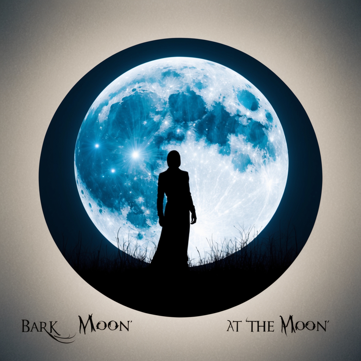 Illustrate a fantastical scene depicting a lone figure silhouetted against a bright full moon, symbolizing transformation and duality, capturing the eerie and mystical theme of 