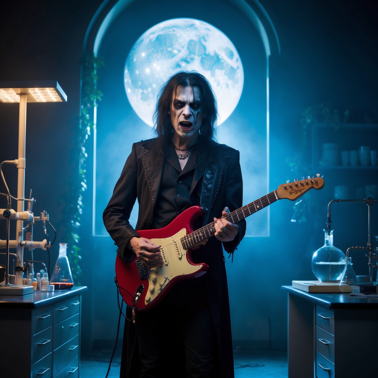 Create a dramatic and gothic scene depicting a rock musician in a laboratory setting under moonlight, featuring classic horror elements with a wolfman transformation. The setting should be dark and atmospheric, in the style of an 80s rock music video with theatrical intensity.