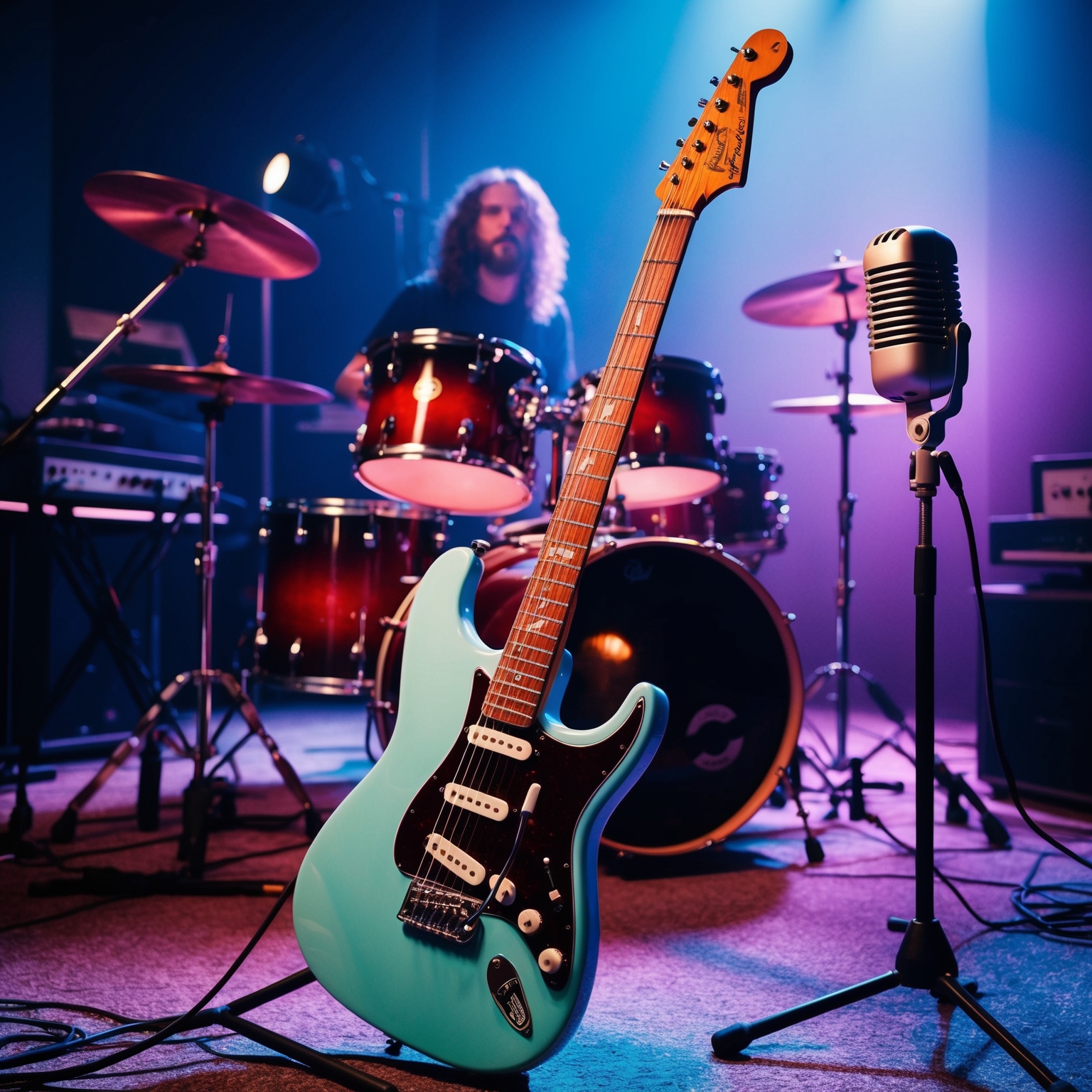 Create a digital artwork that captures the essence of a 1980s rock studio session. Highlight an electric guitar with vibrant strings, surrounded by a drum set with cymbals, synthesizers in the background, and a vintage microphone on a stand, bathed in a dimly lit room with soft blue and purple lighting. The atmosphere should evoke the energetic and raw vibe of a hard rock recording in the 1980s, with a subtle reference to the mysterious and brooding tone of 