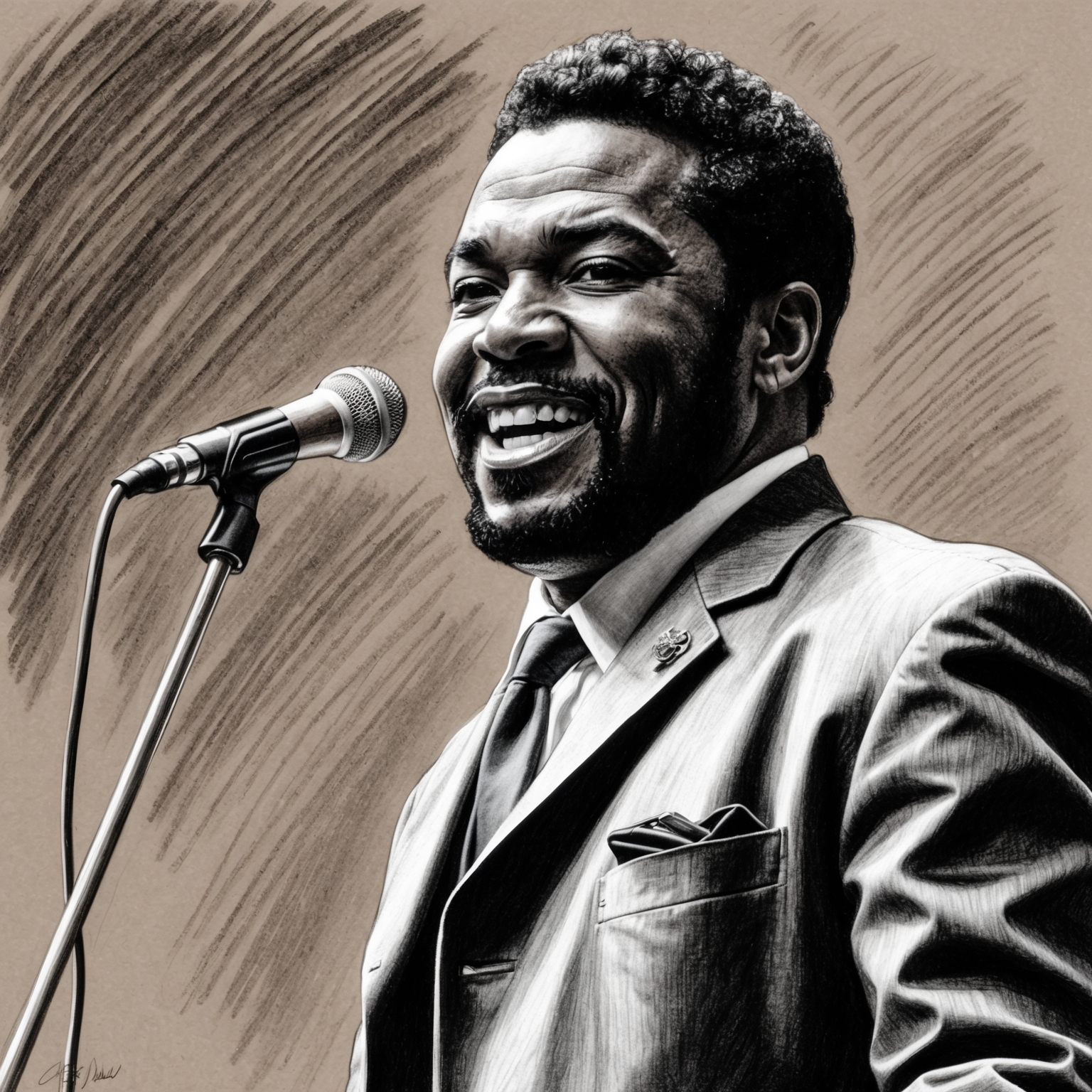 Create a black and white charcoal portrait of James Brown, capturing his dynamic stage presence. The portrait should have a half-finished, stylistic feel, emphasizing the charisma and energy that Brown exuded during his performances. Aim for a dramatic and expressive representation that highlights his significance in the music world.