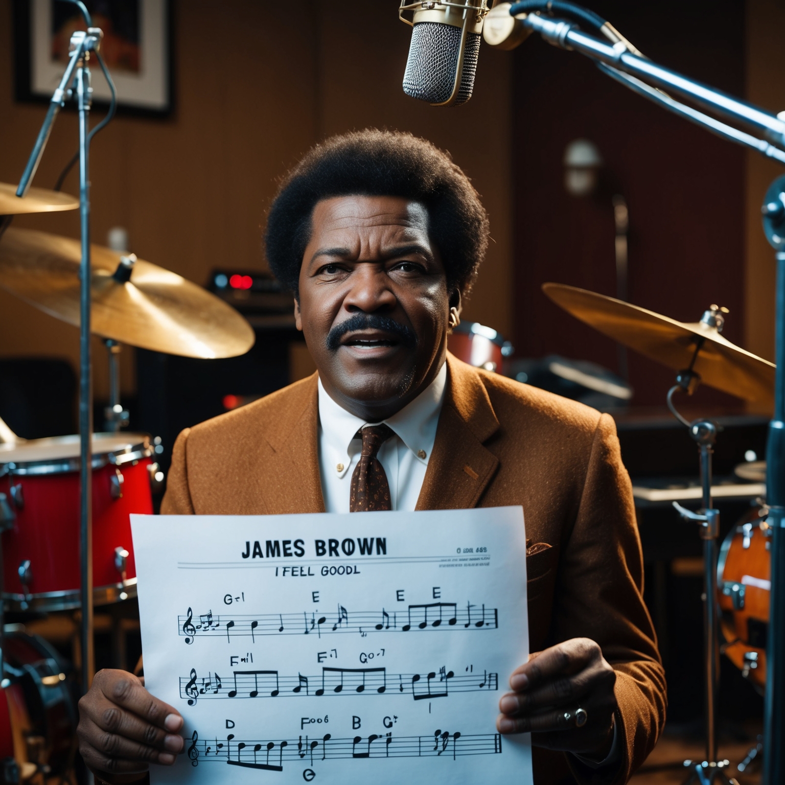 Create an image of James Brown in a music recording studio from the 1960s, surrounded by musical instruments, with a sheet of music notes depicting 