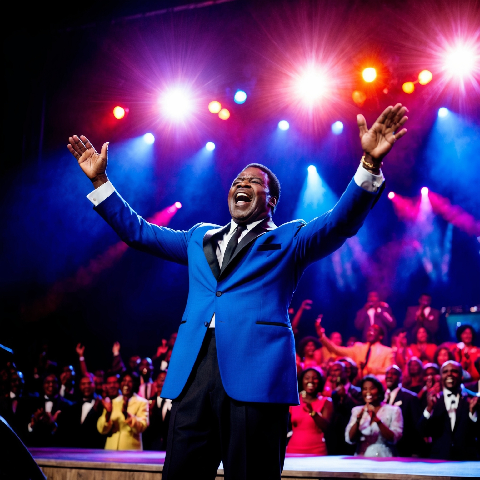 An electrifying scene depicting a vibrant stage with bright lights. James Brown in an iconic energetic pose, full of enthusiasm, exuding joy with a lively audience in the background. The image captures the spirit of 1960s soul music, highlighting the exuberance of a James Brown performance.