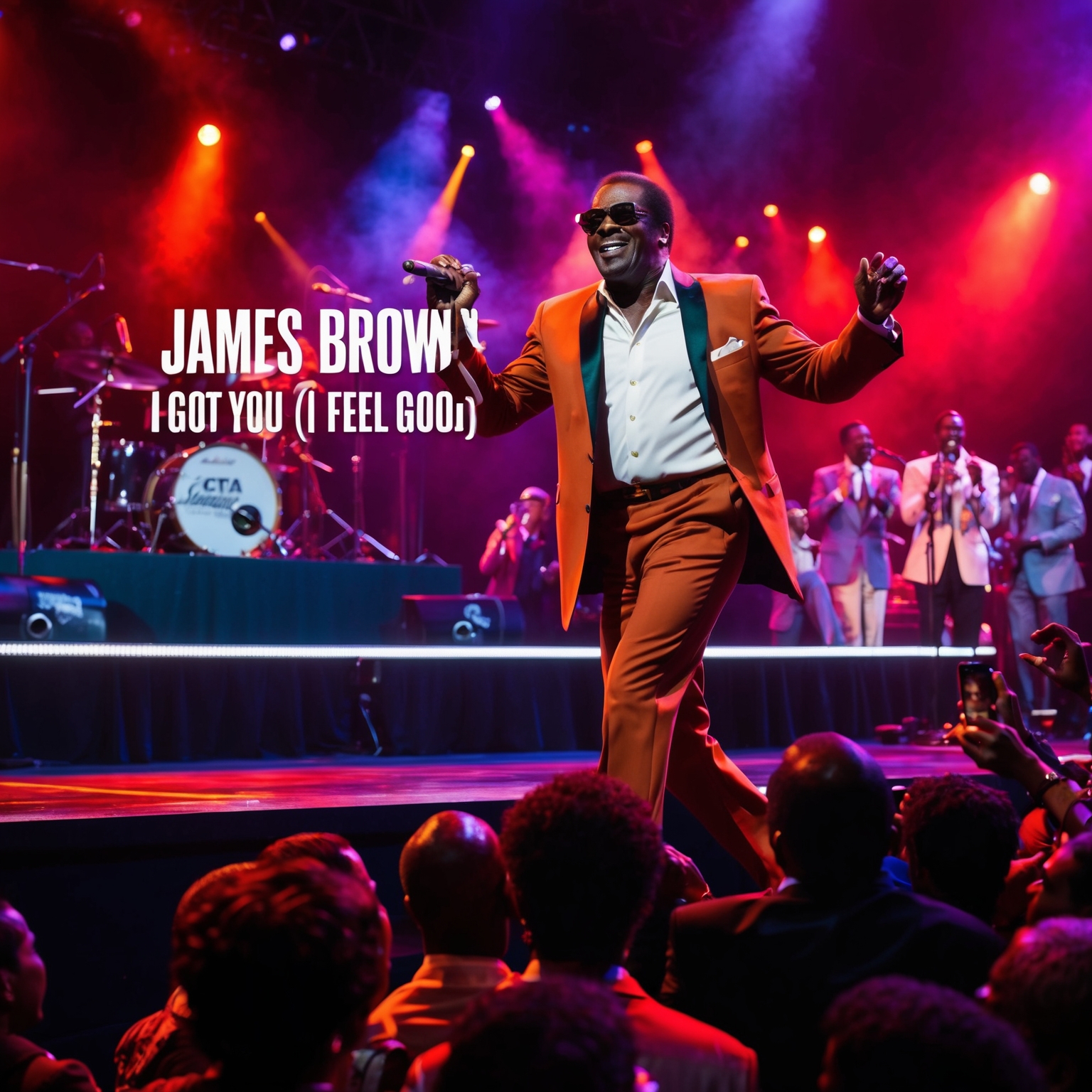 Design an image that captures the energy and charisma of James Brown during a live performance of 