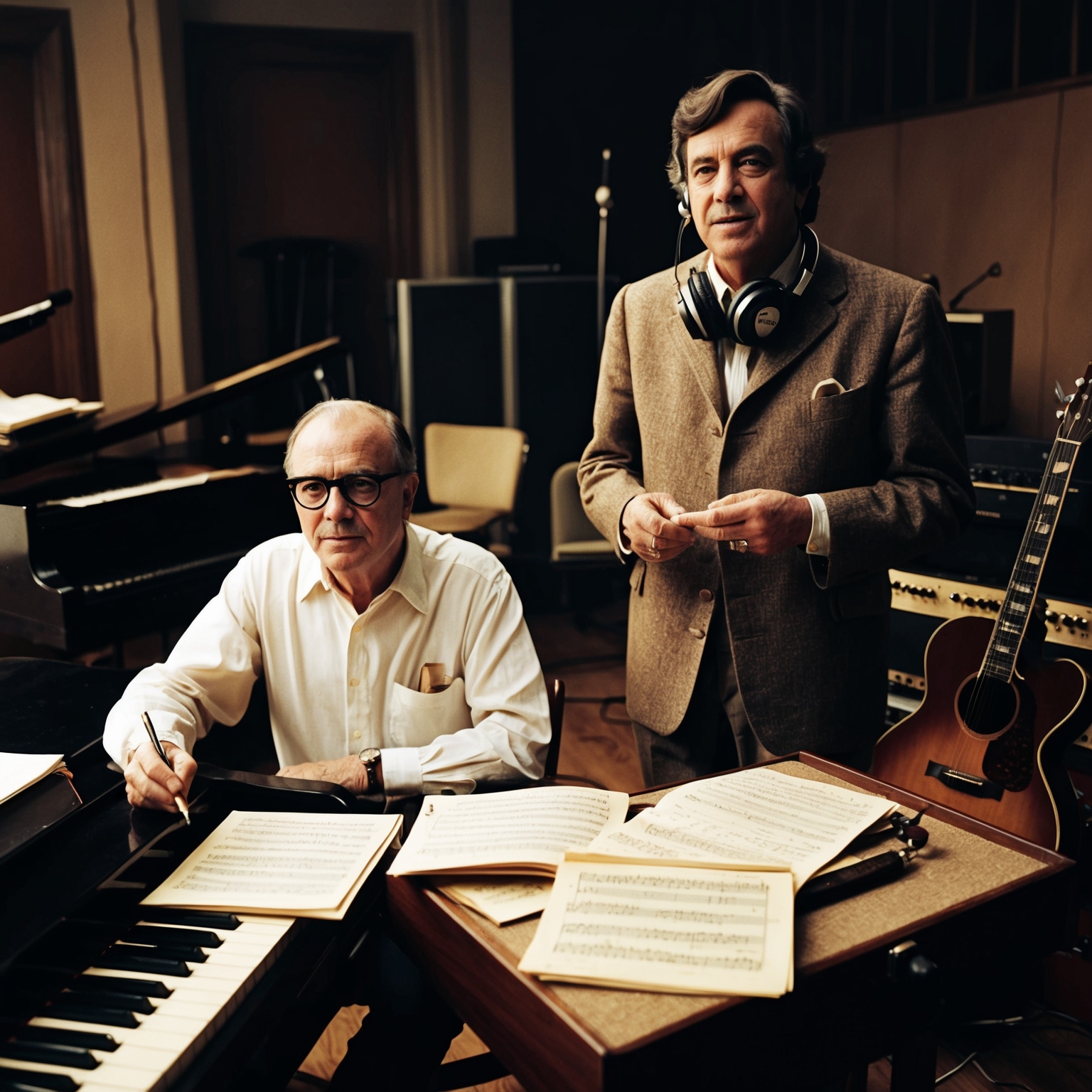 A vintage 1960s music studio setting capturing two composers, Bert Berns and Jerry Ragovoy. One is seated at a piano, pen in hand, deep in thought, while the other stands next to a guitar, headphones around his neck, with recording equipment and sheet music spread across a dimly lit room. The atmosphere is one of collaboration and creativity, reflecting the essence of 1960s rock and soul music.