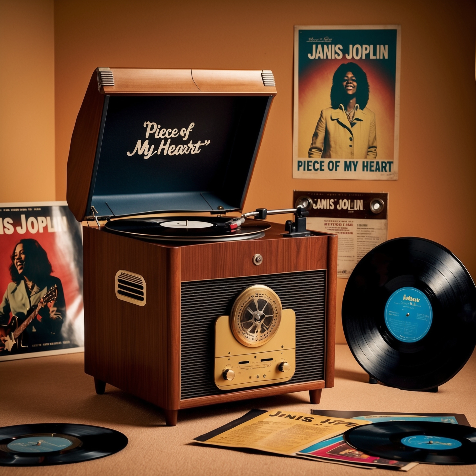 An iconic and nostalgic scene featuring a vintage record player playing "Piece Of My Heart" with memorabilia of Janis Joplin around, such as concert posters and vinyl records, in a warm, 1960s-inspired setting. Retro vibes, musical nostalgia, famous covers.