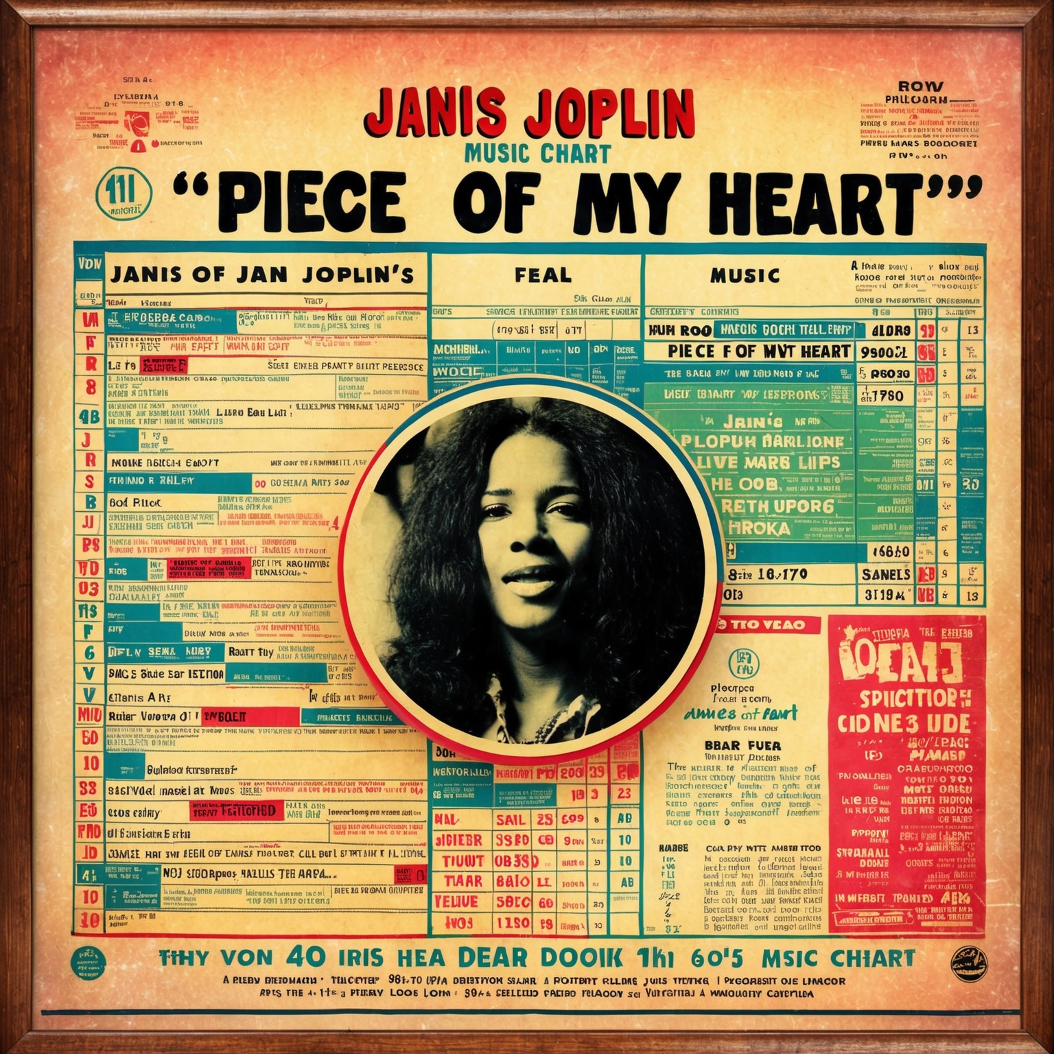 Create an image of a vintage 1960s music chart with a spotlight on Janis Joplin