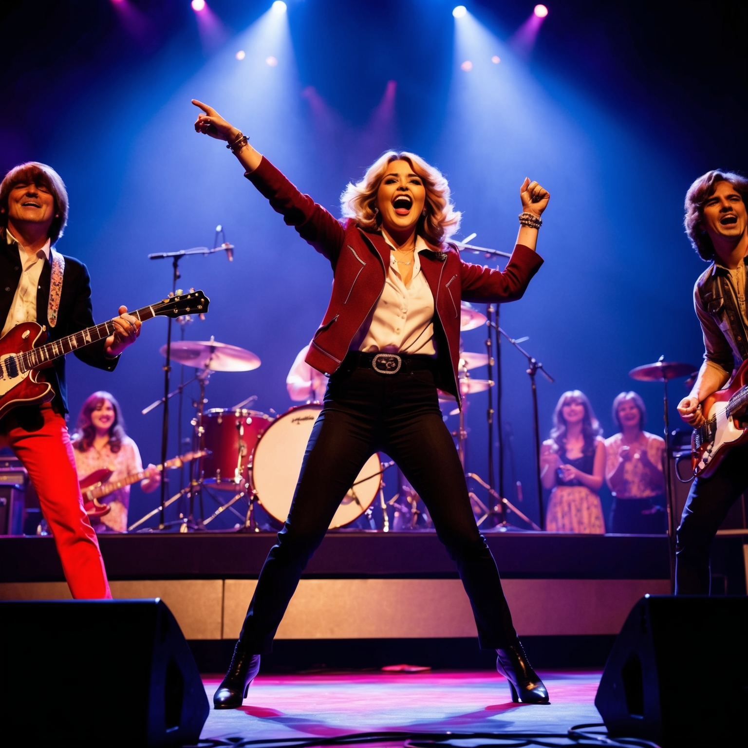 Create an image capturing the essence of a 1960s live concert performance of a rock band on stage, showcasing an energetic female lead singer with a dynamic presence, surrounded by adoring fans. Include elements typical of the 1960s music scene, such as classic band instruments and vibrant lighting.