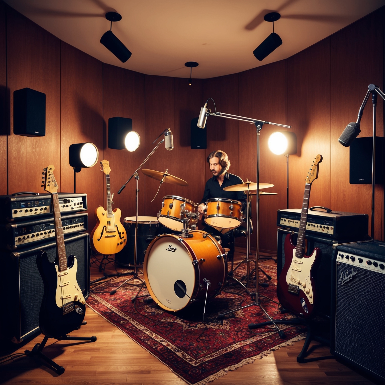 Create an image of a 1960s recording studio filled with vintage analog gear, electric guitars, drums, and microphones, capturing an atmosphere of creativity and inspiration. Include mood lighting to reflect a passionate and intense recording session.