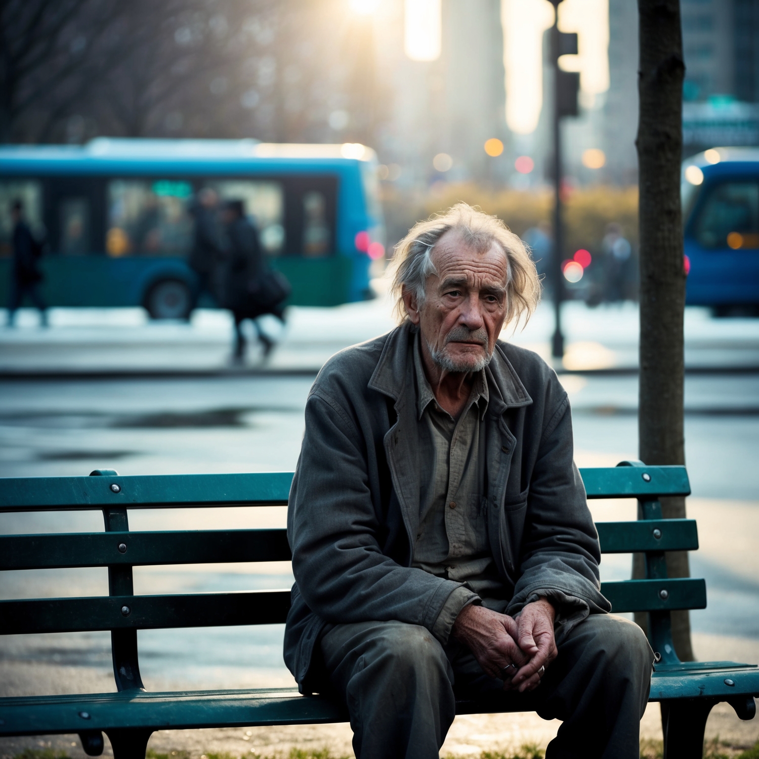 Create an evocative scene with a disheveled, elderly man sitting on a park bench under a cold sun. Capture a background depicting city life passing by, contrasting the character