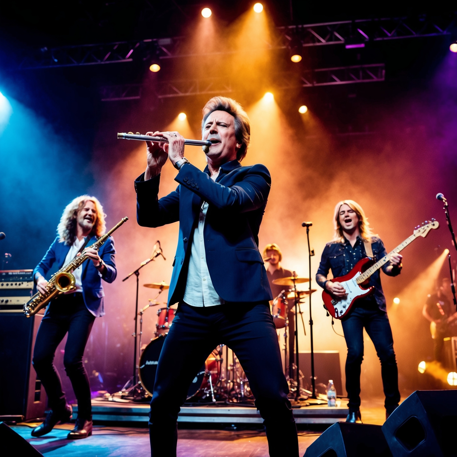 Visual representation of a dynamic live performance of a rock band on stage, with a charismatic lead singer playing a flute passionately, surrounded by band members, ambient lighting, and an engaging audience.