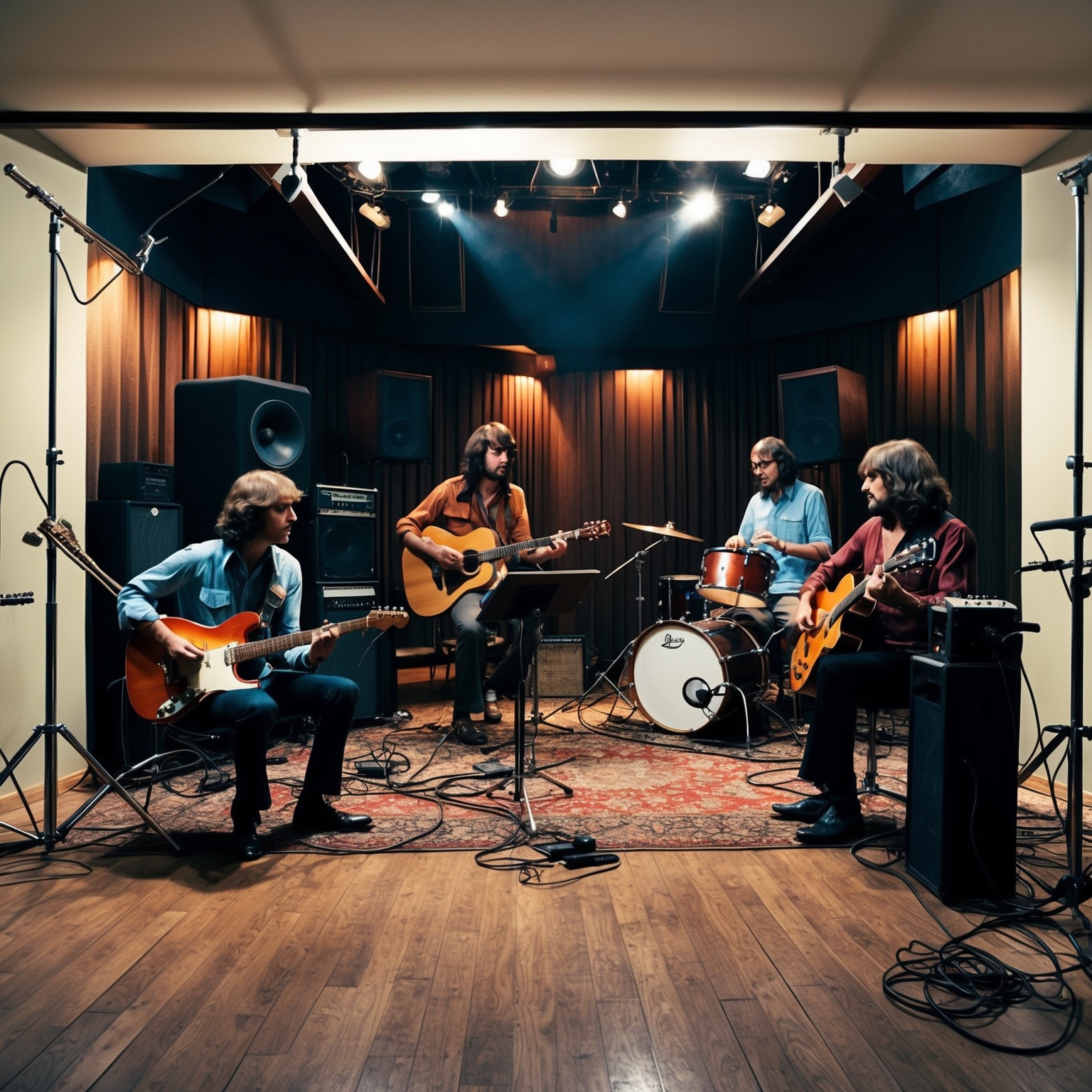 An image depicting a vintage recording studio with dim lighting, capturing the vibe of a 1970s rock band recording session. Include an array of instruments like a flute, acoustic and electric guitars, and drums. Show musicians deeply engrossed in their craft, surrounded by sound engineering equipment.