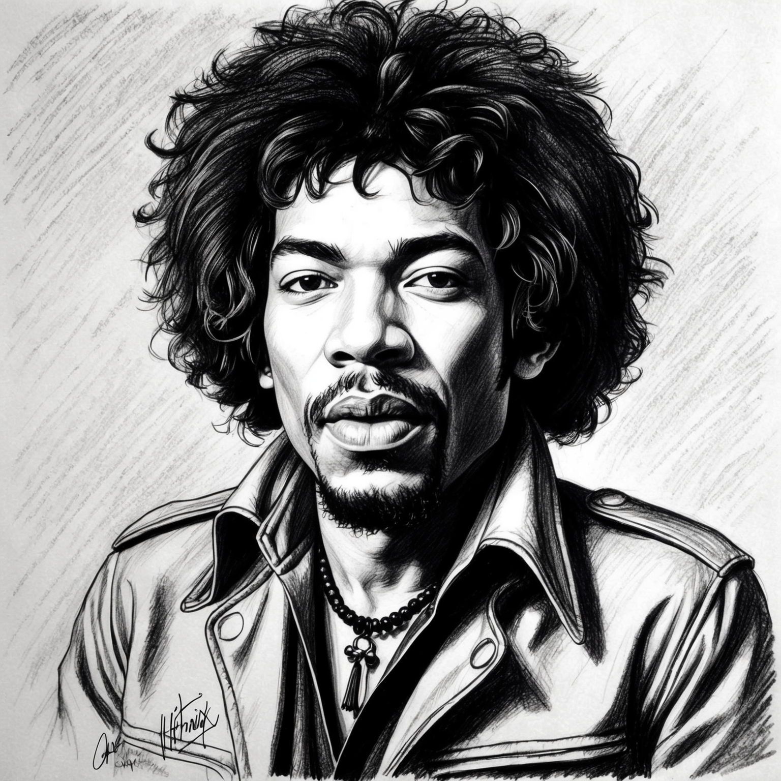 A black and white charcoal portrait, half-finished feel of Jimi Hendrix in a stylistic drawing. Capture the essence of the dynamic and revolutionary spirit of Jimi Hendrix, focusing on his intense expression and iconic presence.