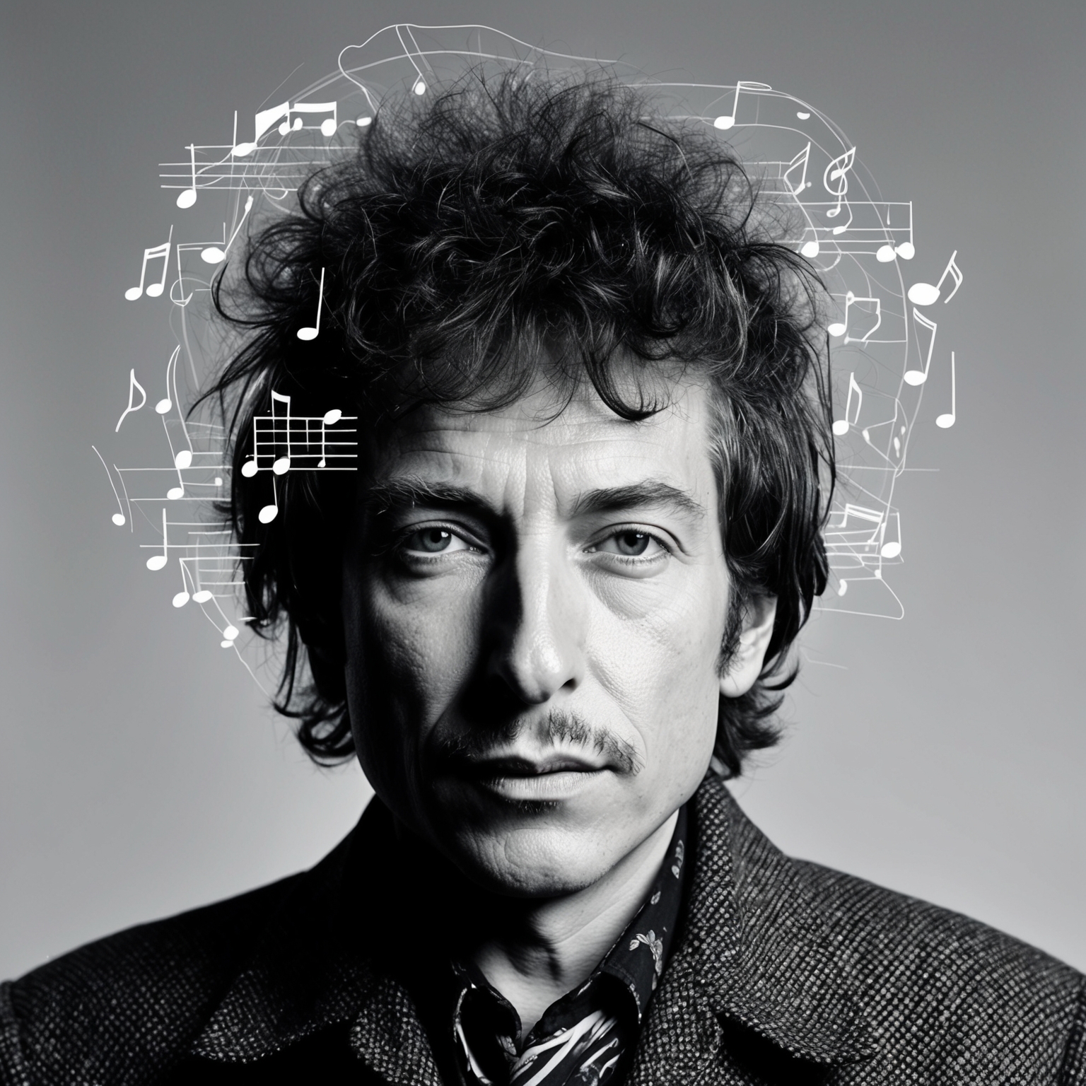 A portrait of Bob Dylan in the 1960s, capturing his introspective and iconic look, with elements of folk and rock music integrated into the design, embodying his influence on music and culture.