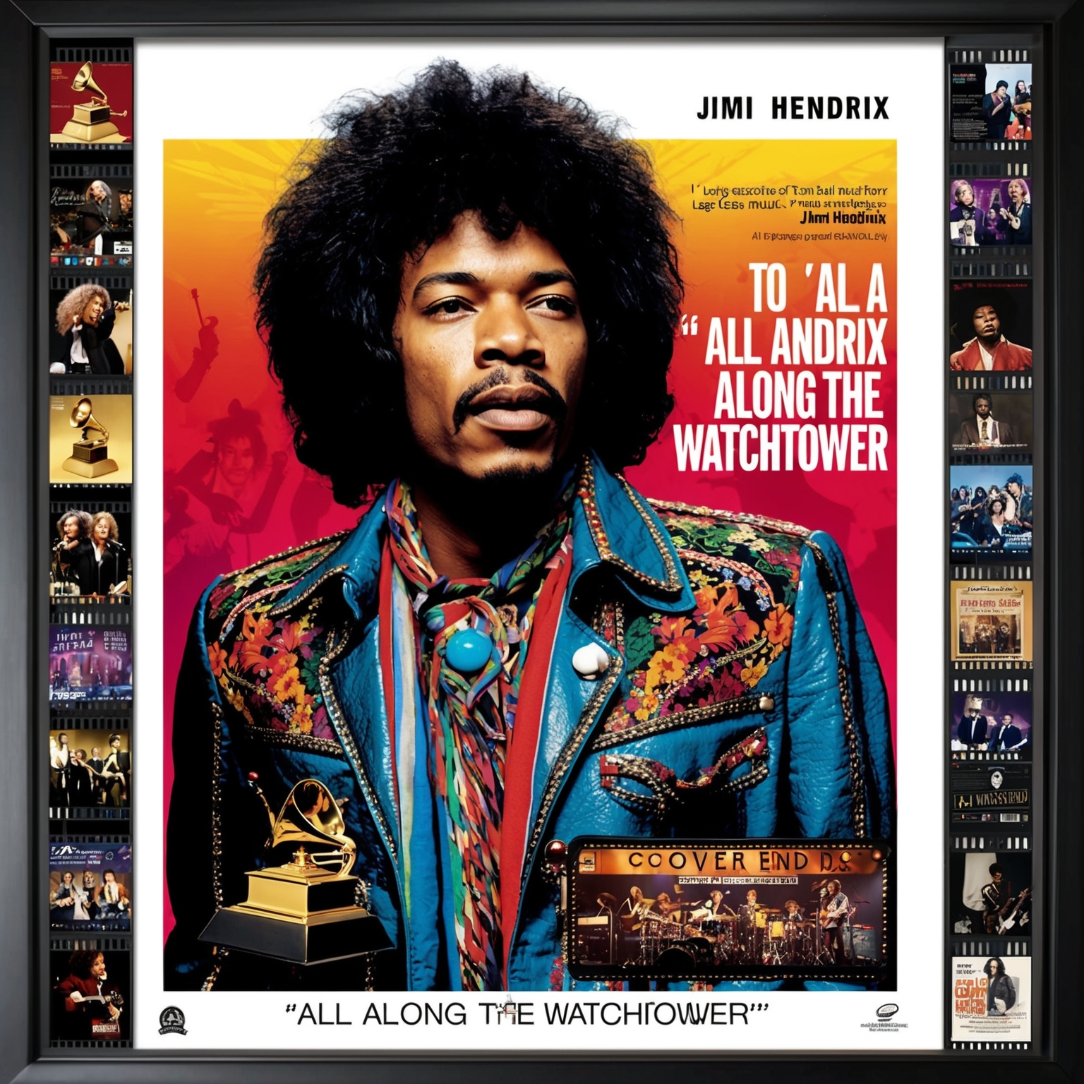 A visual tribute to "All Along the Watchtower" by Jimi Hendrix, showcasing themes of musical legacy and iconic covers. Incorporate elements like Grammy recognitions, movie film reels, and live concert scenes. Capture the essence of musical influence and historical impact in a colorful and engaging collage.