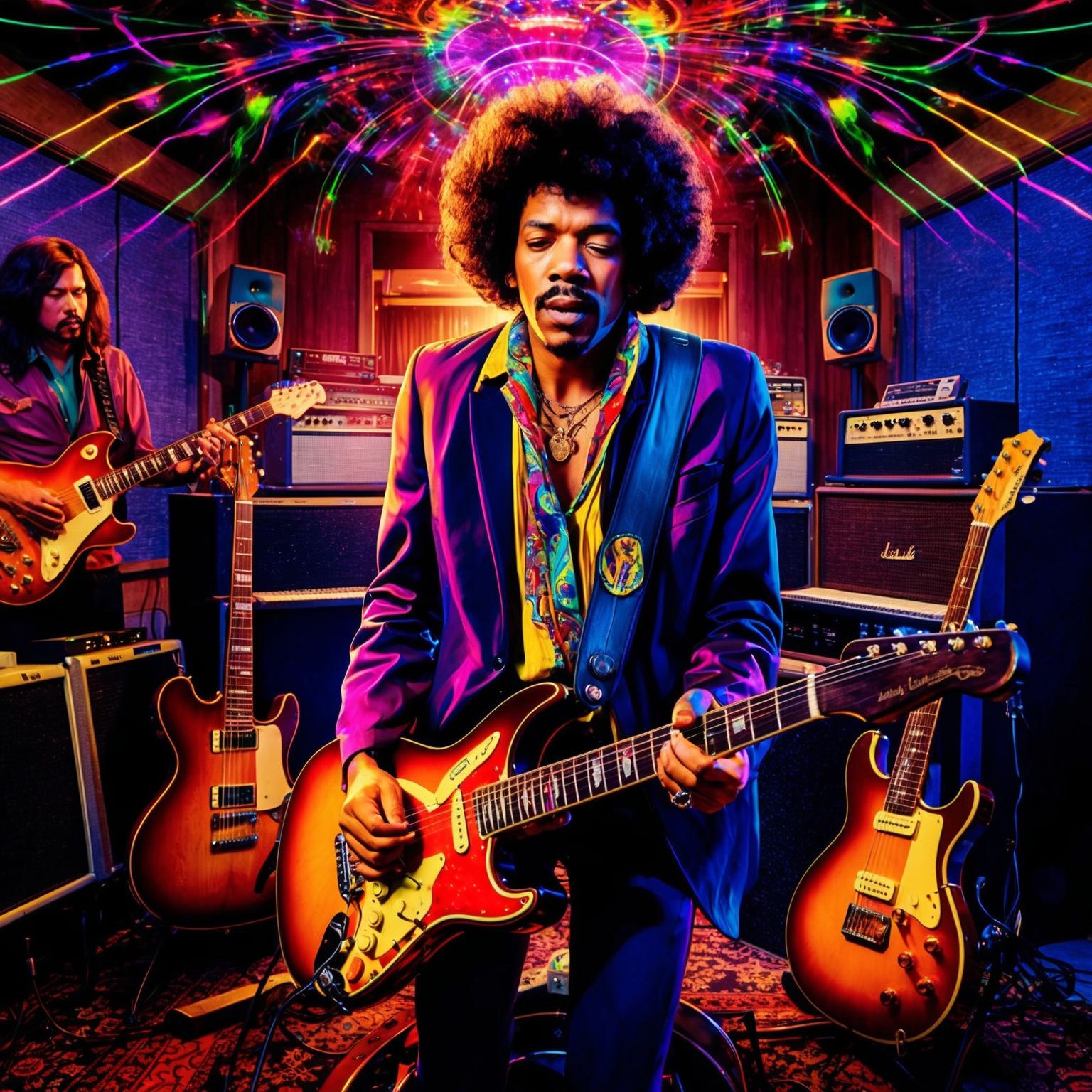 A dynamic illustration of Jimi Hendrix in the studio, surrounded by electric guitars and amplifiers. The scene is filled with vibrant colors and psychedelic light patterns, capturing the essence of 1960s rock music. Hendrix is portrayed in the midst of an intense recording session, with an expression of deep concentration as he plays his guitar. The background features a vintage recording setup with analog equipment, emphasizing the era and the artistry involved in creating "All Along the Watchtower."