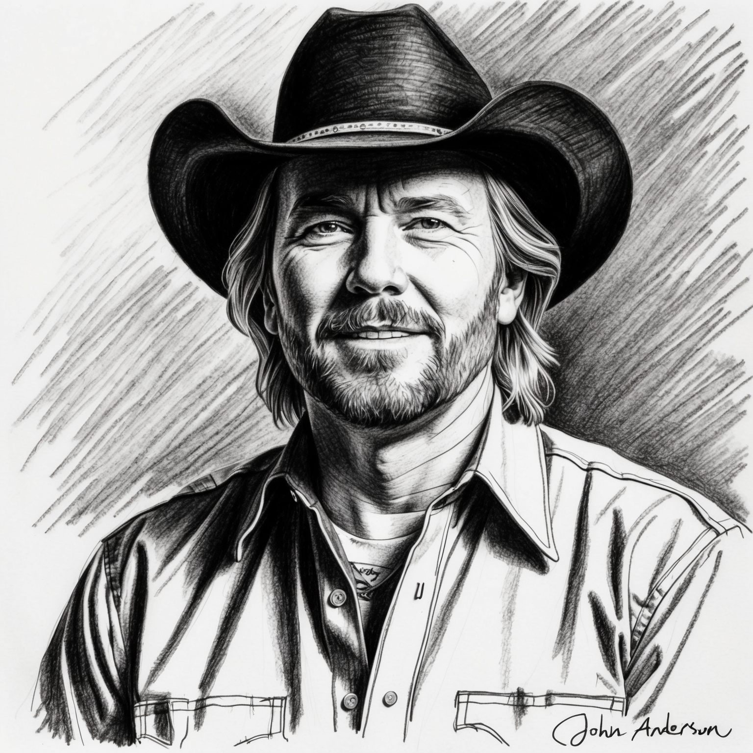 A black and white charcoal portrait of John Anderson with a half-finished feel, capturing his essence as a country music icon and storyteller, reminiscent of the early 1990s.