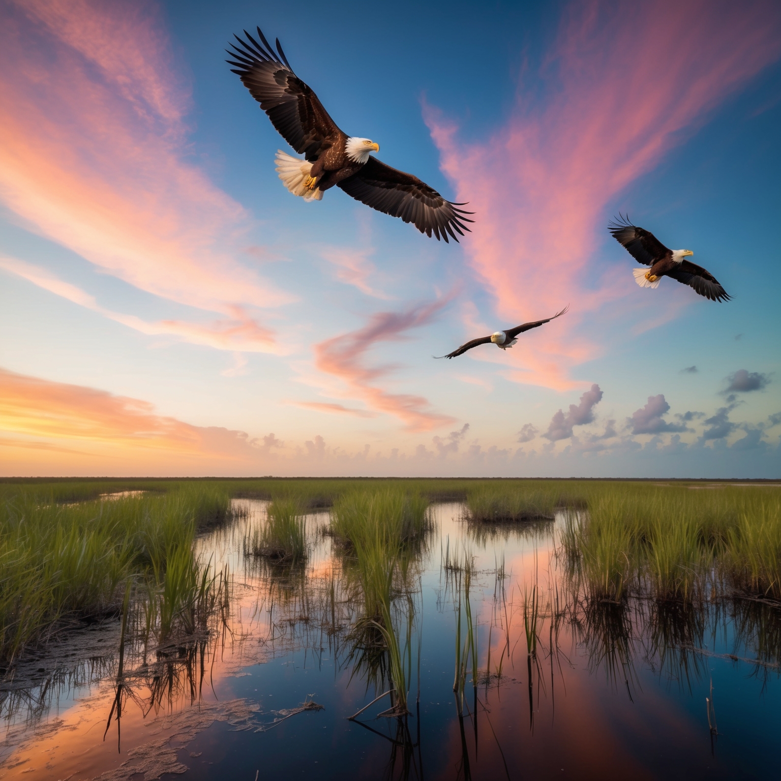 A serene landscape of the Everglades with sawgrass and black water, eagles soaring in the sky, an evocative image of the Seminole Wind blowing, vibrant sunset hues casting a nostalgic and poignant atmosphere.