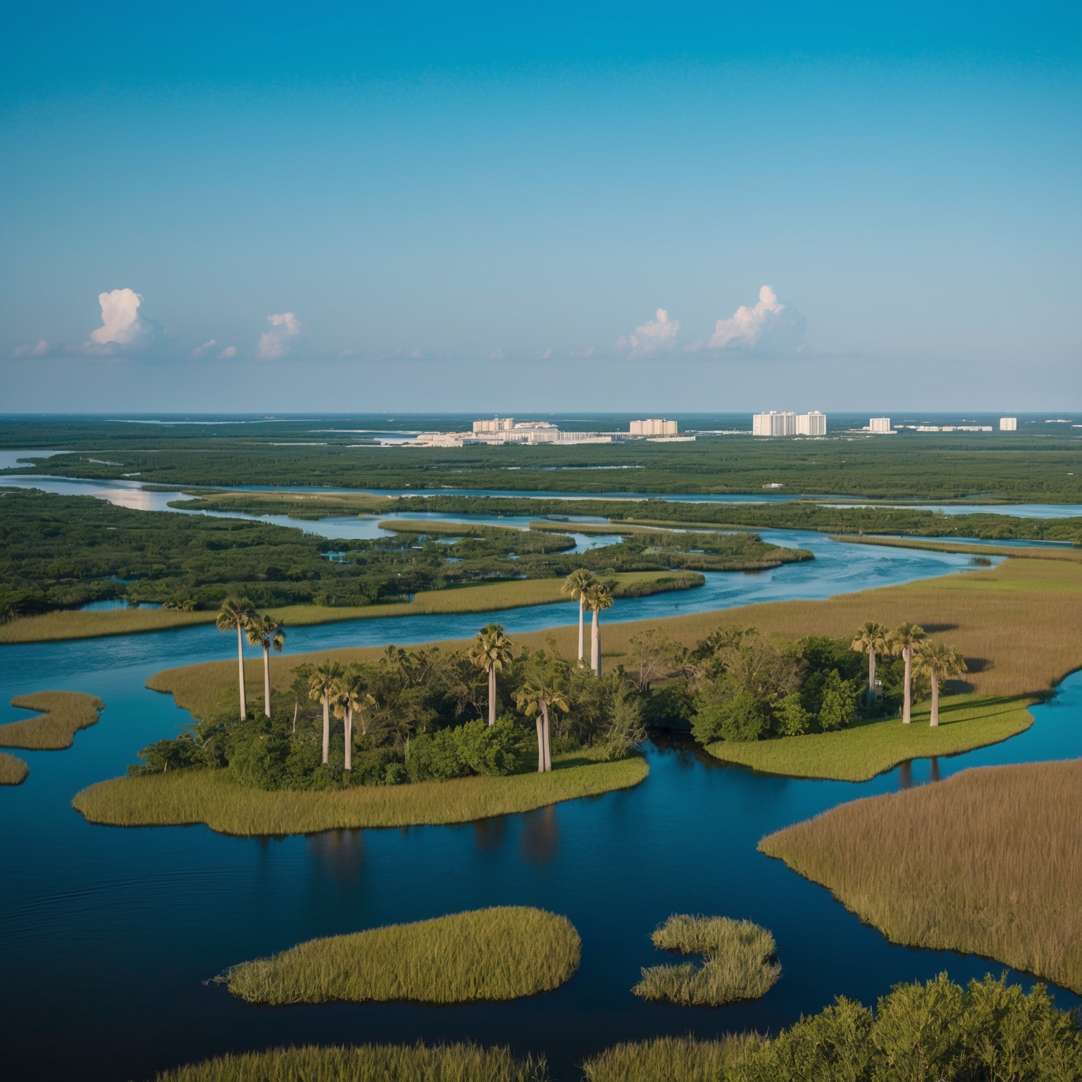 Create a scenic landscape depicting the Florida Everglades, with a mix of lush wetlands and subtle modern development creeping in. Include elements like winding rivers, towering cypress trees, and a clear, expansive sky above. Use vivid colors to capture the natural beauty and the contrast between untouched wilderness and human encroachment. Aim for an atmospheric and thought-provoking composition that reflects both nostalgia and environmental awareness.