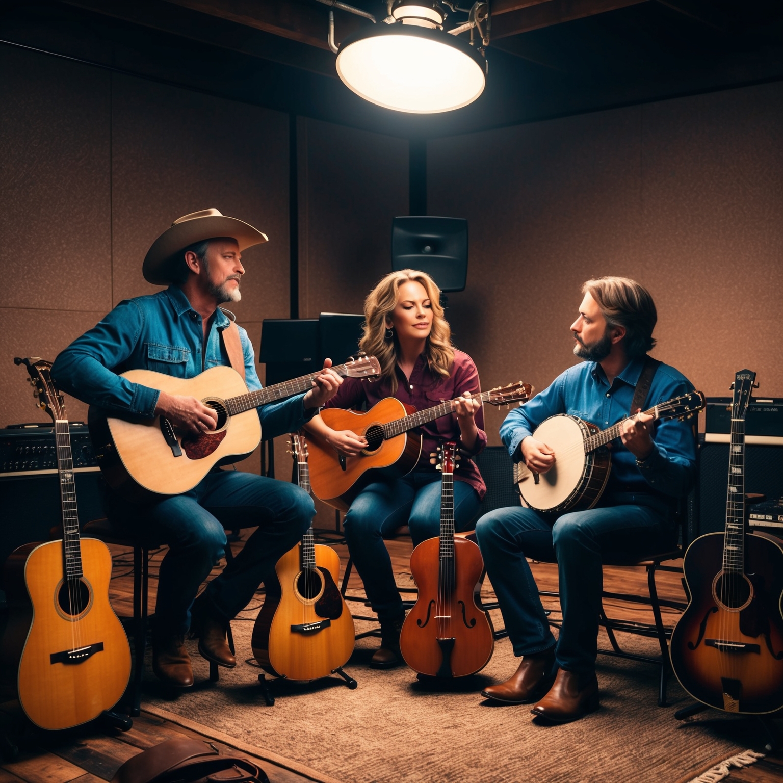 Create an image depicting a country music recording session with acoustic guitars, fiddles, and banjos in a rustic studio setting, capturing a contemplative and evocative atmosphere.