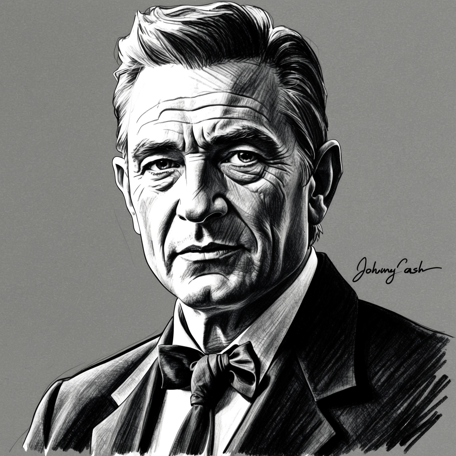 Create a black and white charcoal, stylistic portrait of Johnny Cash. The image should have a half-finished feel, capturing the rugged, iconic look of the Man in Black, with emphasis on his deep-set eyes and strong jawline.