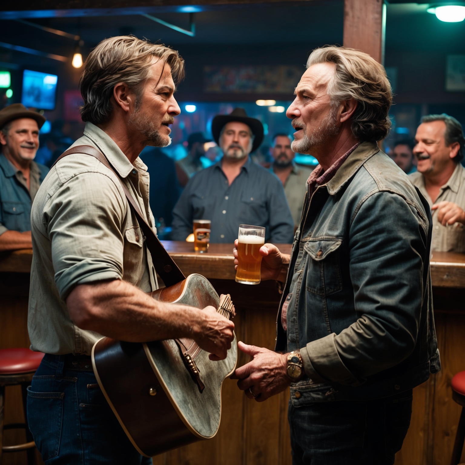 A gritty, Americana-inspired scene depicting an emotional confrontation between a rugged, middle-aged man and a younger man in a lively, authentic bar setting. Sparse furnishings hint at a working-class environment, with details capturing the raw atmosphere of a honky-tonk. The younger man, with resolve and intensity, holds a smudged guitar case, while an older man, haggard yet dignified, meets his gaze with a beer in hand, surrounded by amused and curious onlookers. The scene captures tension, history, and resolution that echo the song