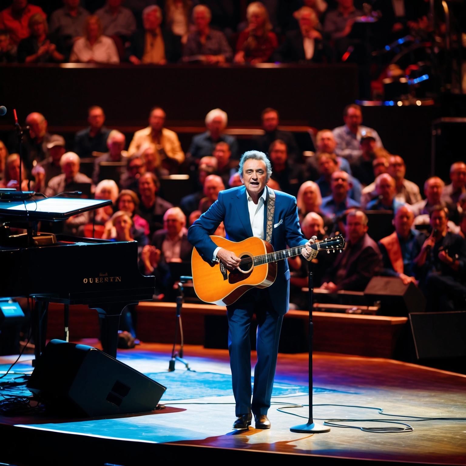 Create an image portraying a lively concert scene with Johnny Cash performing on stage at San Quentin, capturing the essence of his storytelling and connection with the audience. Include details highlighting his iconic style and the engagement of the audience, reflecting a shared emotional journey through the song