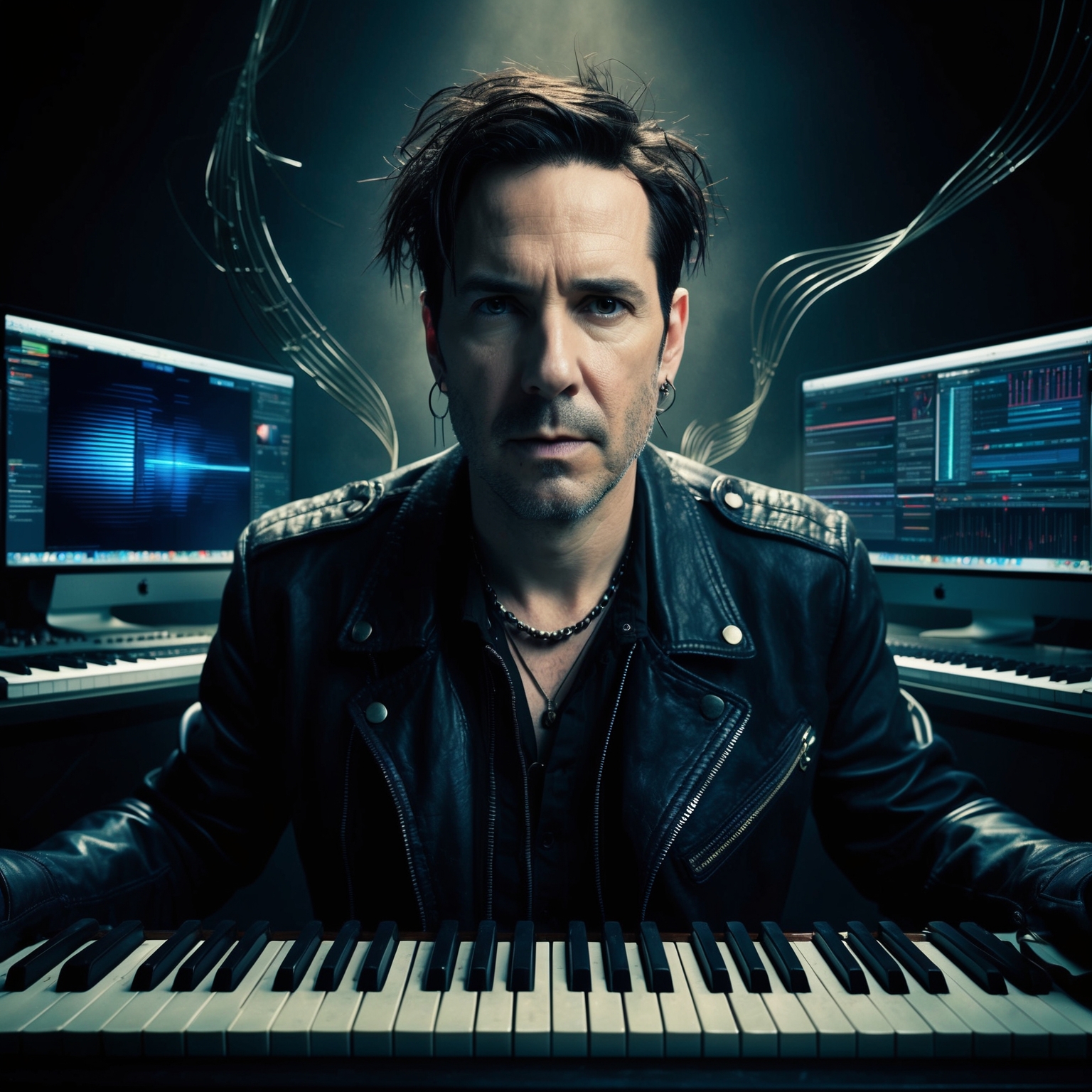 A portrait of Trent Reznor, composer of 